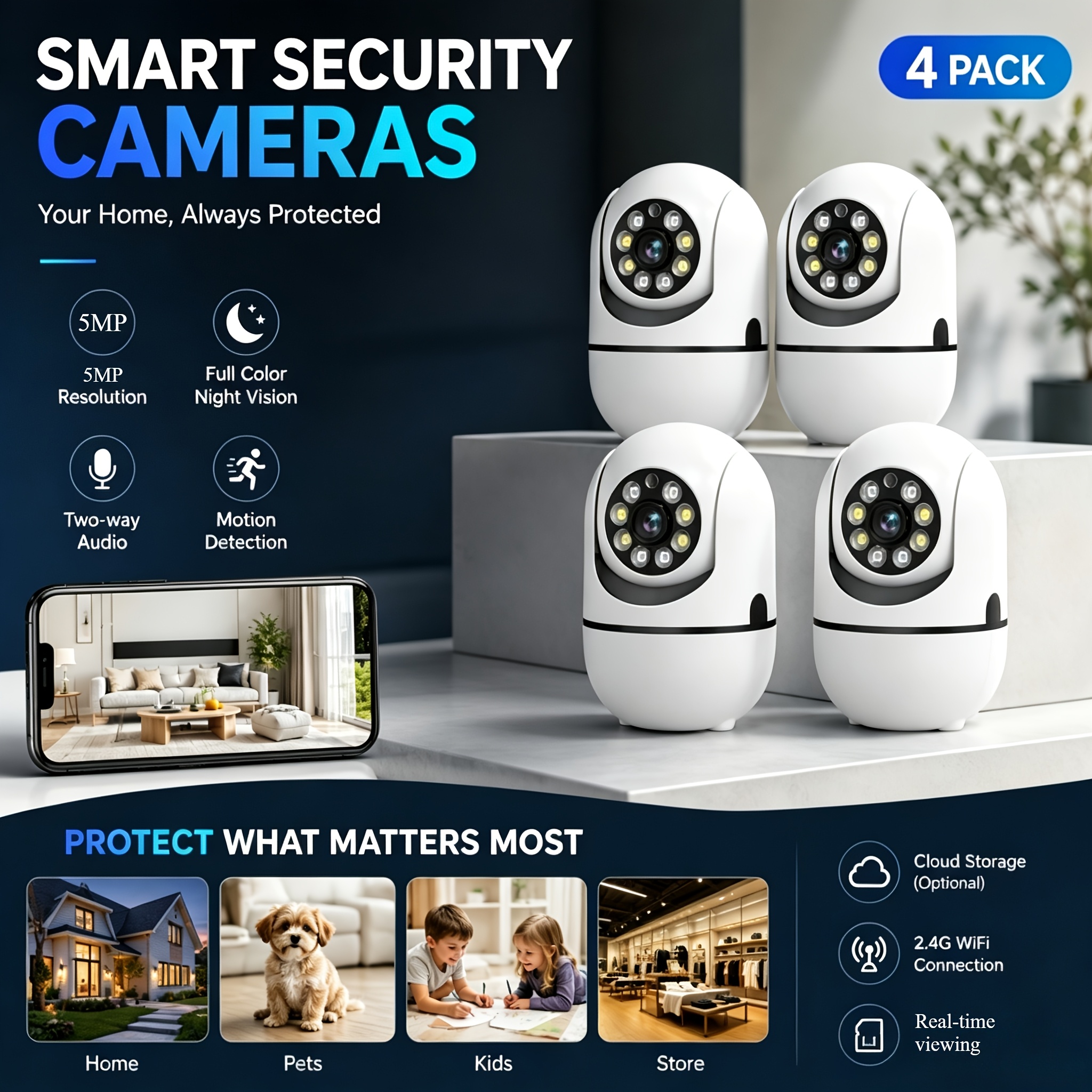TEMU Phansatim 4pcs Wireless Wifi Security Camera, 5mp 360° Ptz Pan/tilt/zoom, Tracking & Detection, Color Night Vision With Spotlight & Siren, 2-way