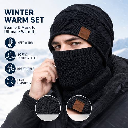 unisex winter lined cold proof face mask and hat 2pcs set elastic drawstring closure lightweight and warm suitable for cycling skiing outdoor sports solid color pullover hat winter warm lined windproof ear warmer hat outdoor leisure hat