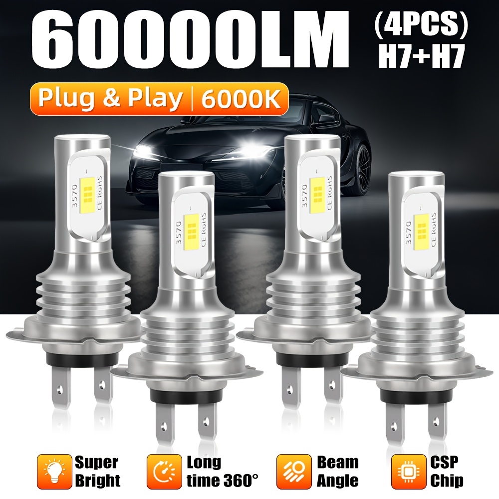 set of 4 h7 led car headlight bulbs   a cool white light at 6000k with a brightness of 180w making them 600     feature   high and   and have a compact 1 1 mini size for   and play installation