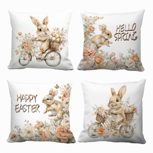 item picture a and fun easter 4pcs cushion cover set featuring a bicycle riding bunny floral patterns and egg baskets home parties sofas offices and garden decor pillow inserts not included