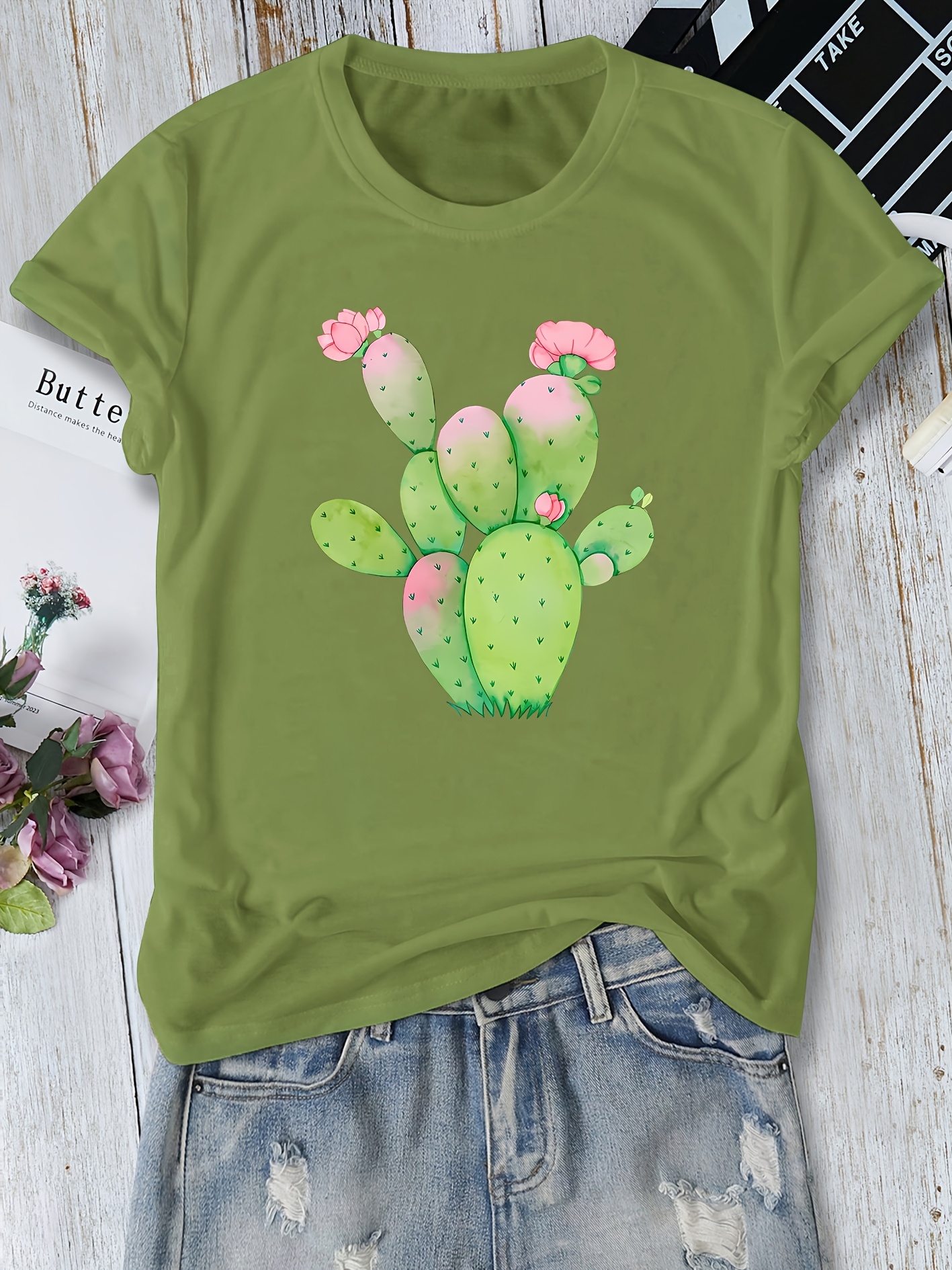 lssiges rundhals-t-shirt fr damen mit sukkulenten-kaktus- und  blumendruck, modisches kurzarmoberteil, eleganter vintage-stil fr mdchen  und damen | Kauf Die Neuesten Trends | Temu