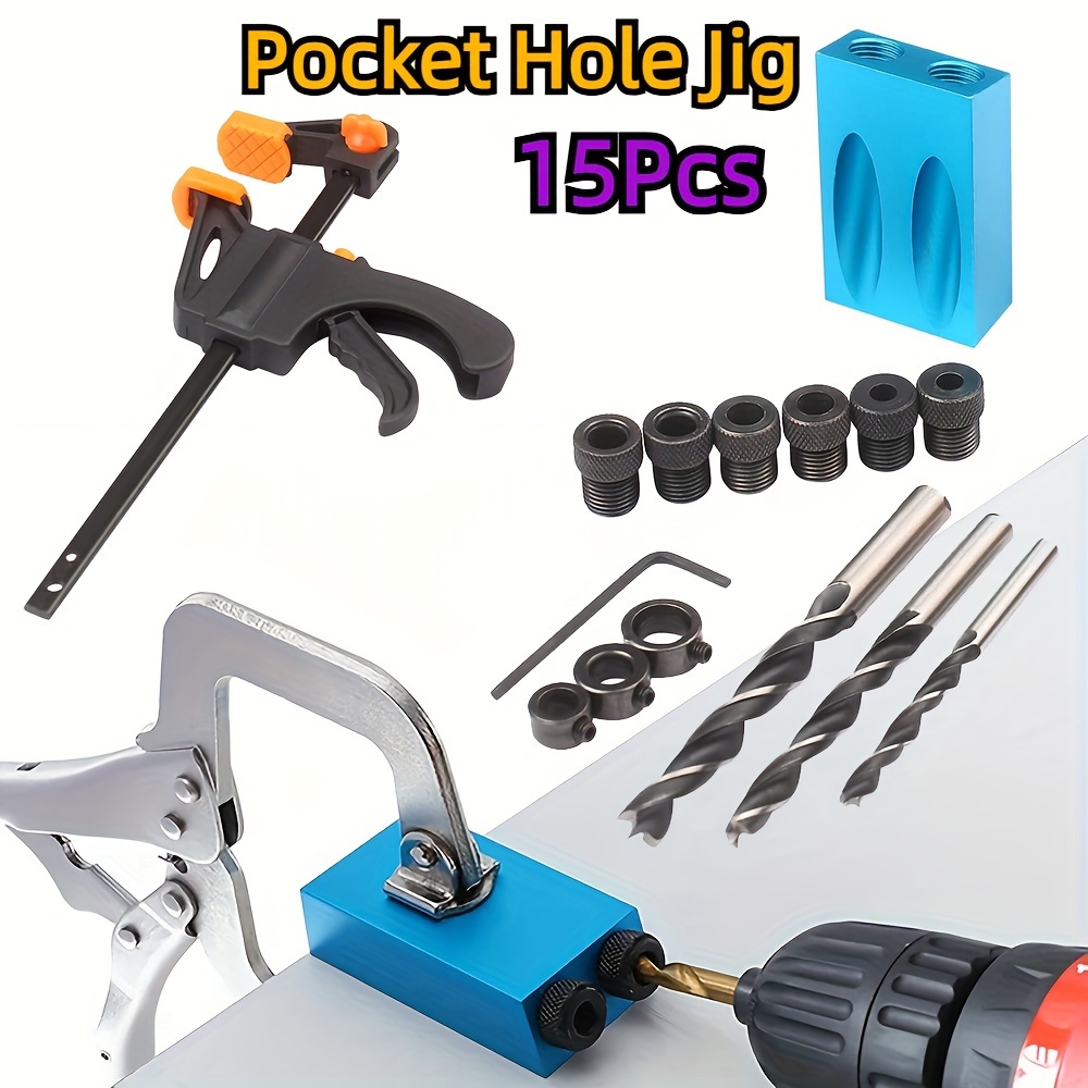 

15pcs Aluminum Alloy Pocket Hole Jig Kit With 6/8/10mm Drive Adapter, Woodworking Angle Drilling Locator Jig For Precise 15 Degree Dowel Drill Joinery