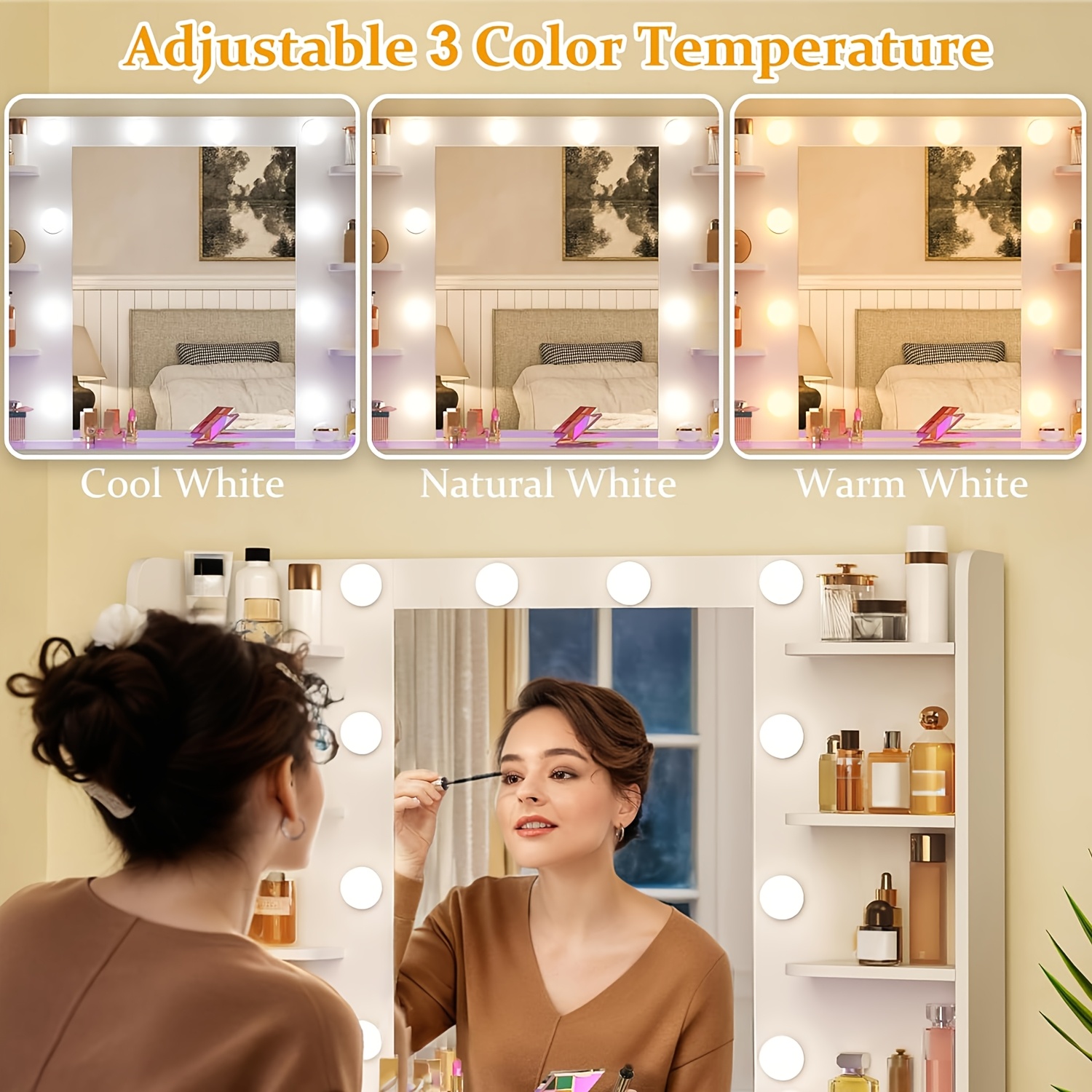 WHONLINE 1pc Vanity Desk with Mirror And Lights, Makeup Vanity Desk with Lights 3 Colors, Bedroom Vanity with Multiple Drawers, And Open Storage Space, Power Outlet, for Bedroom, White, Heavy Duty Dresser, for Halloween And Christmas