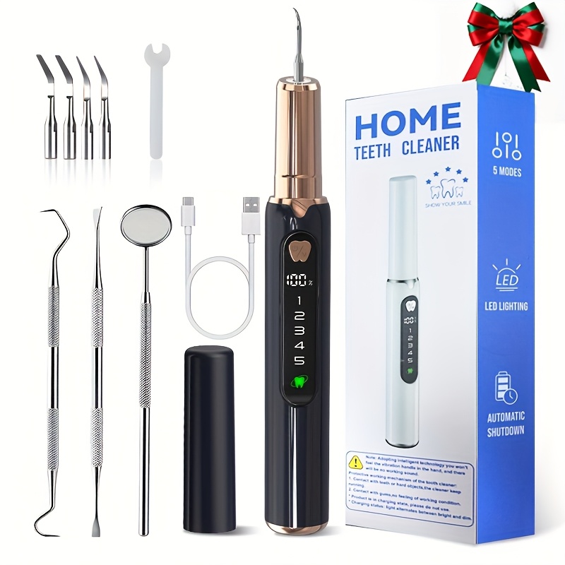teeth stain remover remove tartar plaque electric dental oral care kit screen display electric teethcleaner 5 speed teethbrush 3 metal attachments 4 metal replacement heads portable   dental tool birthday christmas halloween gift