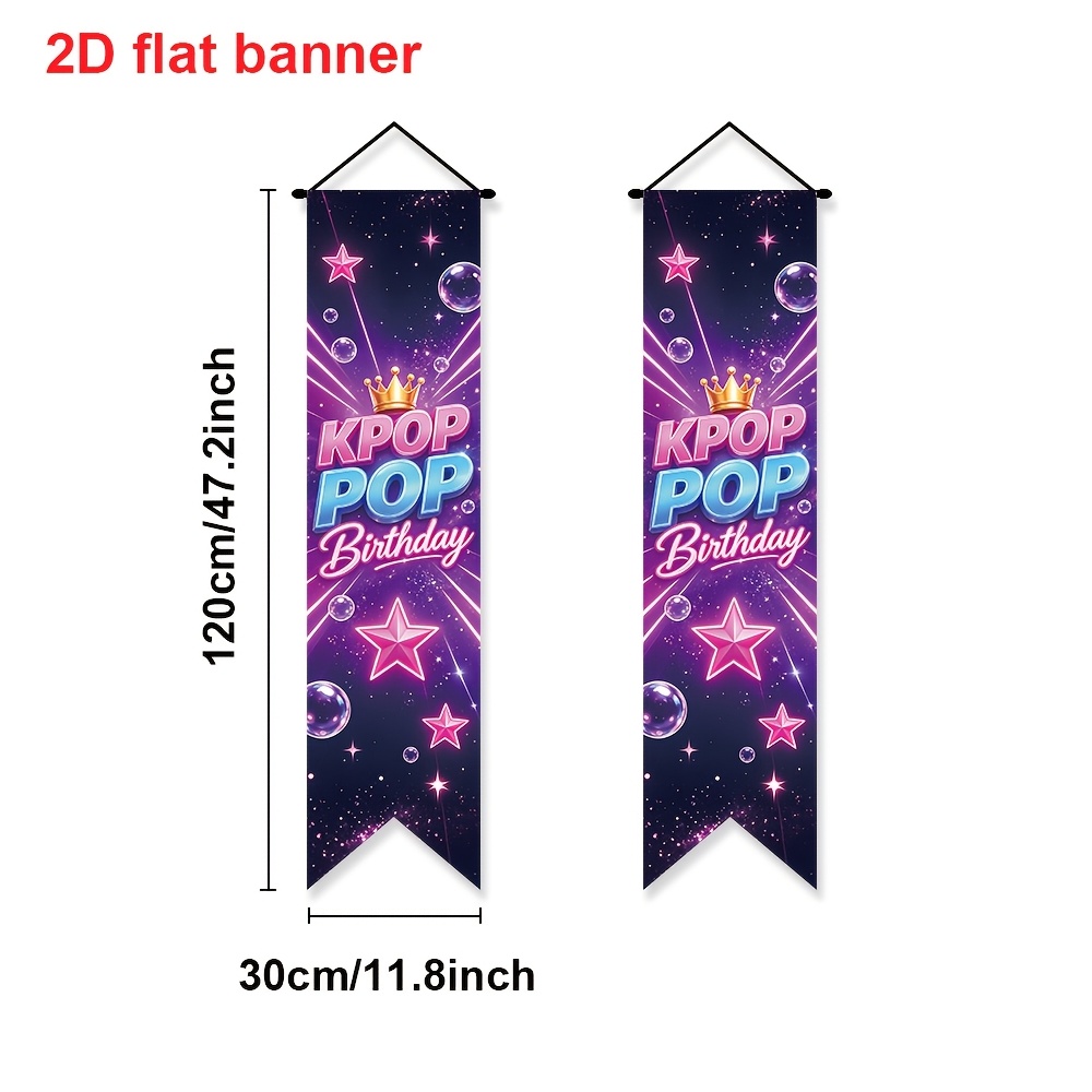 TEMU 2d Flat - 2d Flat Banner 2pcs Kpop Pop Birthday Porch Banner Set, Kpop Party Door Hanging Flag, Neon Star Bubble Crown Banner, Kpop Fan Birthday