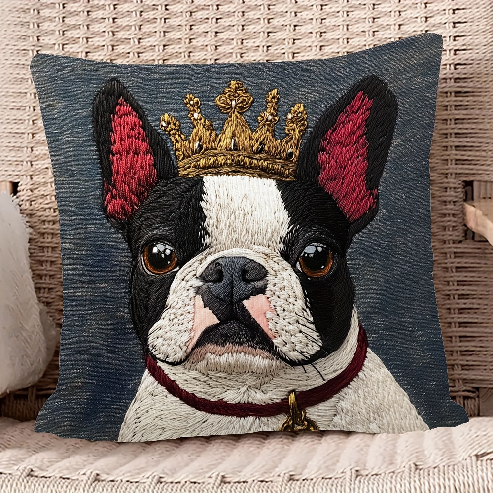 

1pc, King Boston Terrier Embroidered Look Pillow Cover, 18x18 Inch, Super Soft Short Plush, Double-sided Design, Contemporary Style, Hand Wash Only, Zipper Closure, Polyester, For Room Types - We290