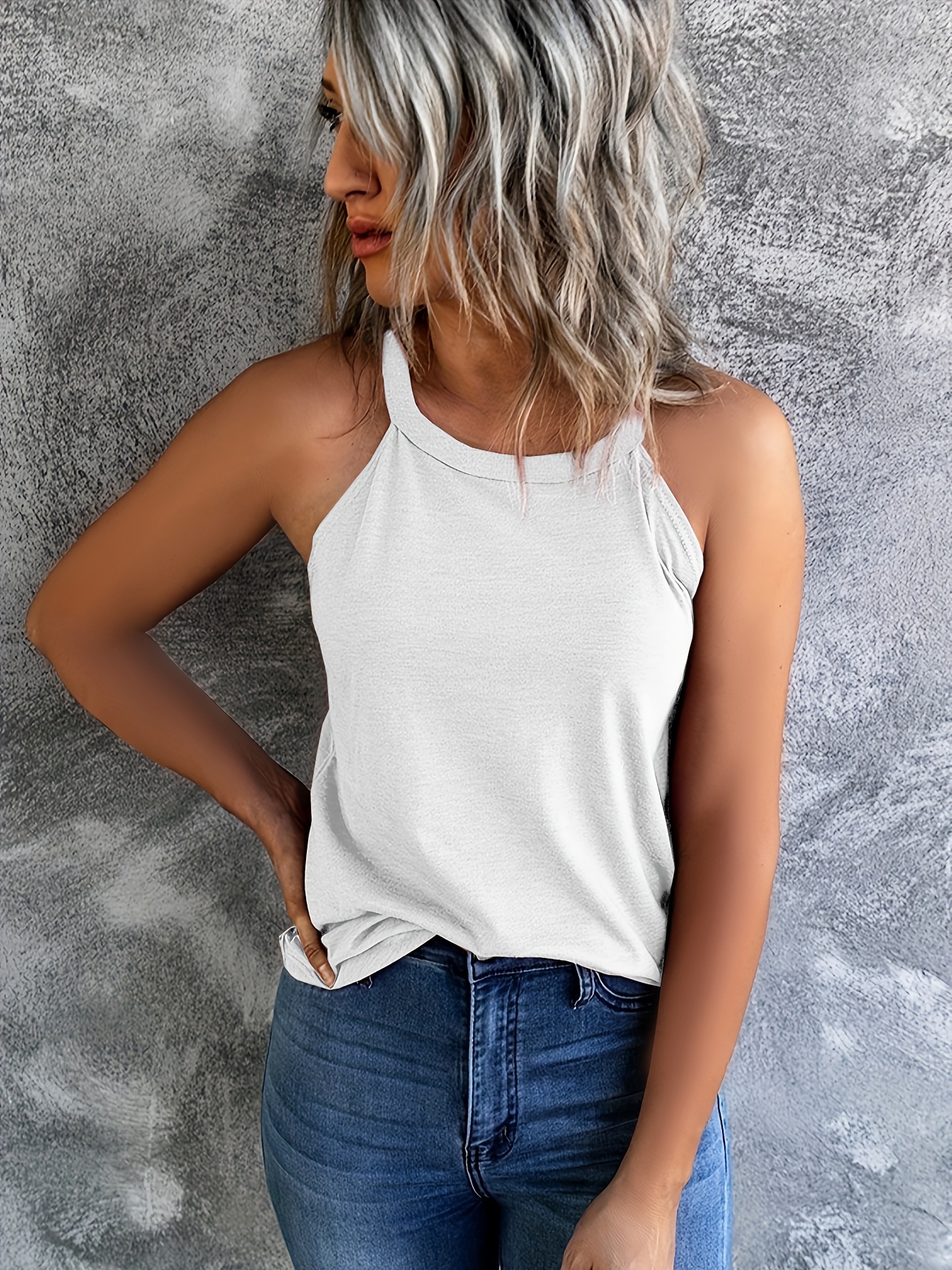 Solid Color Round Neck Tank Top Casual Loose Fashion - Temu