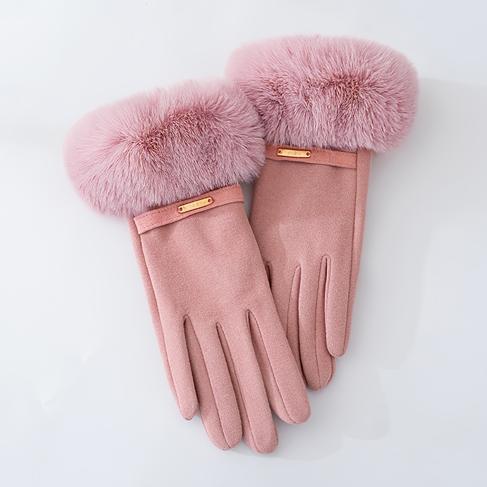 Women's Rabbit Large Cuff Decorative Strip Autumn/winter Thermal Gloves, Touchscreen-compatible Plush-lined Gloves