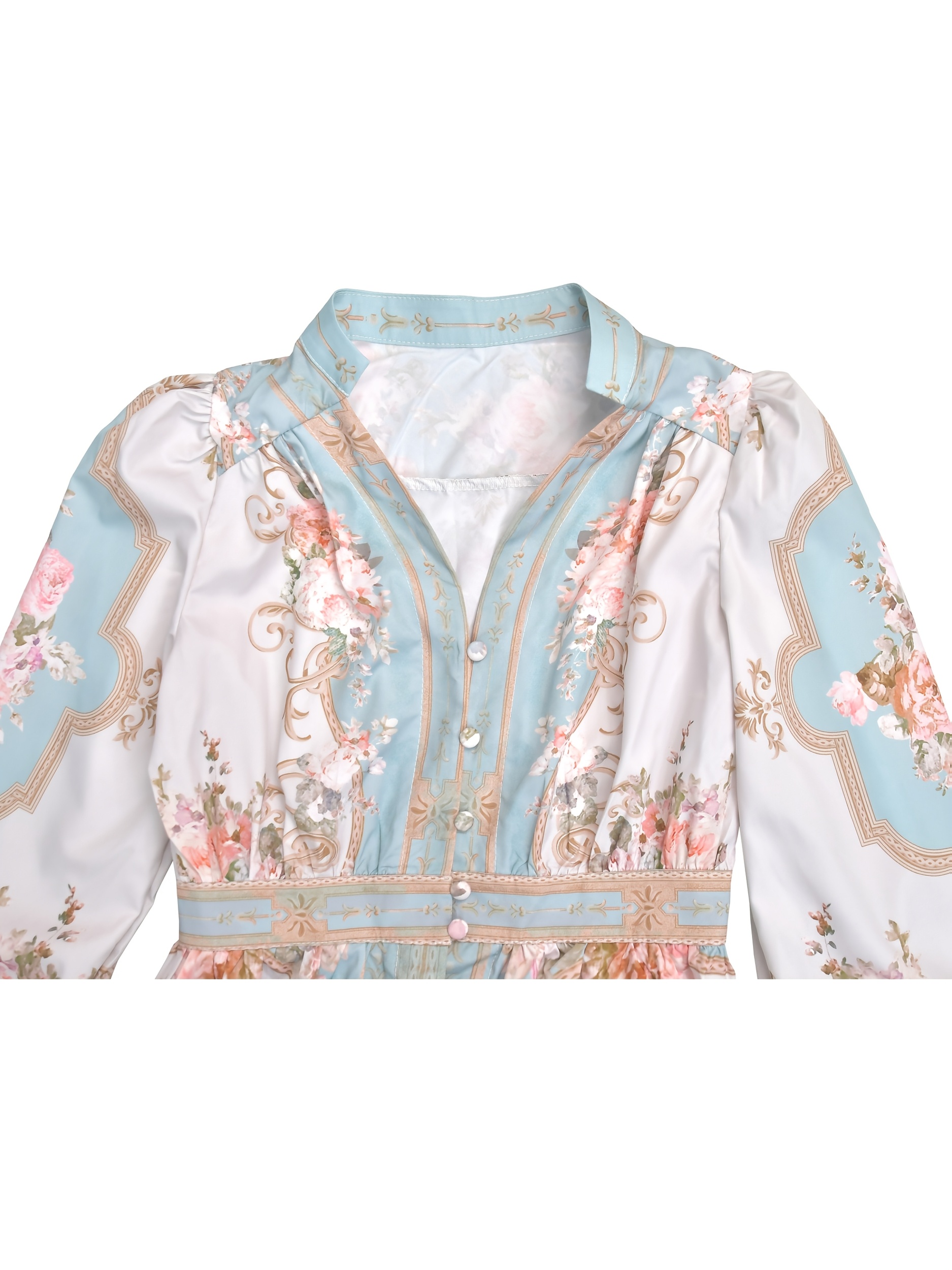 FIGDAW Elegant Floral Print V-Neck Long Sleeve Evening Dress - Slim Fit Pencil Skirt, Light Blue & Pink Floral Design, Perfect for Parties & Formal Events, Formal Evening Wear | Floral Print Dress | Polyester Fabric