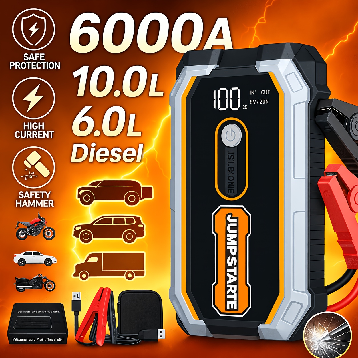 TEMU Car Jump Starter, 6000a Portable Battery Jumper Starter Pack For 10.0l Gas & 6.0l Engines, 12v Auto Battery Booster Jump Box With Led Light,