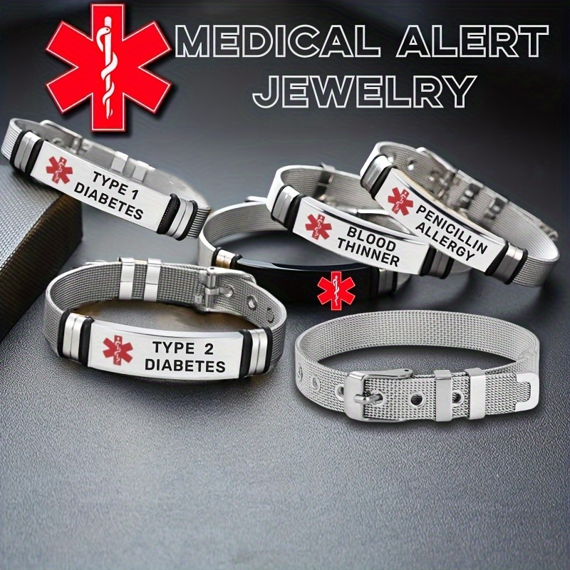 

1pc Stainless Steel Bracelet, Adjustable With Red , 10 Alert Options Including Type 2 Diabetes, Emergency Id Jewelry For Adults, Outdoor Wristband