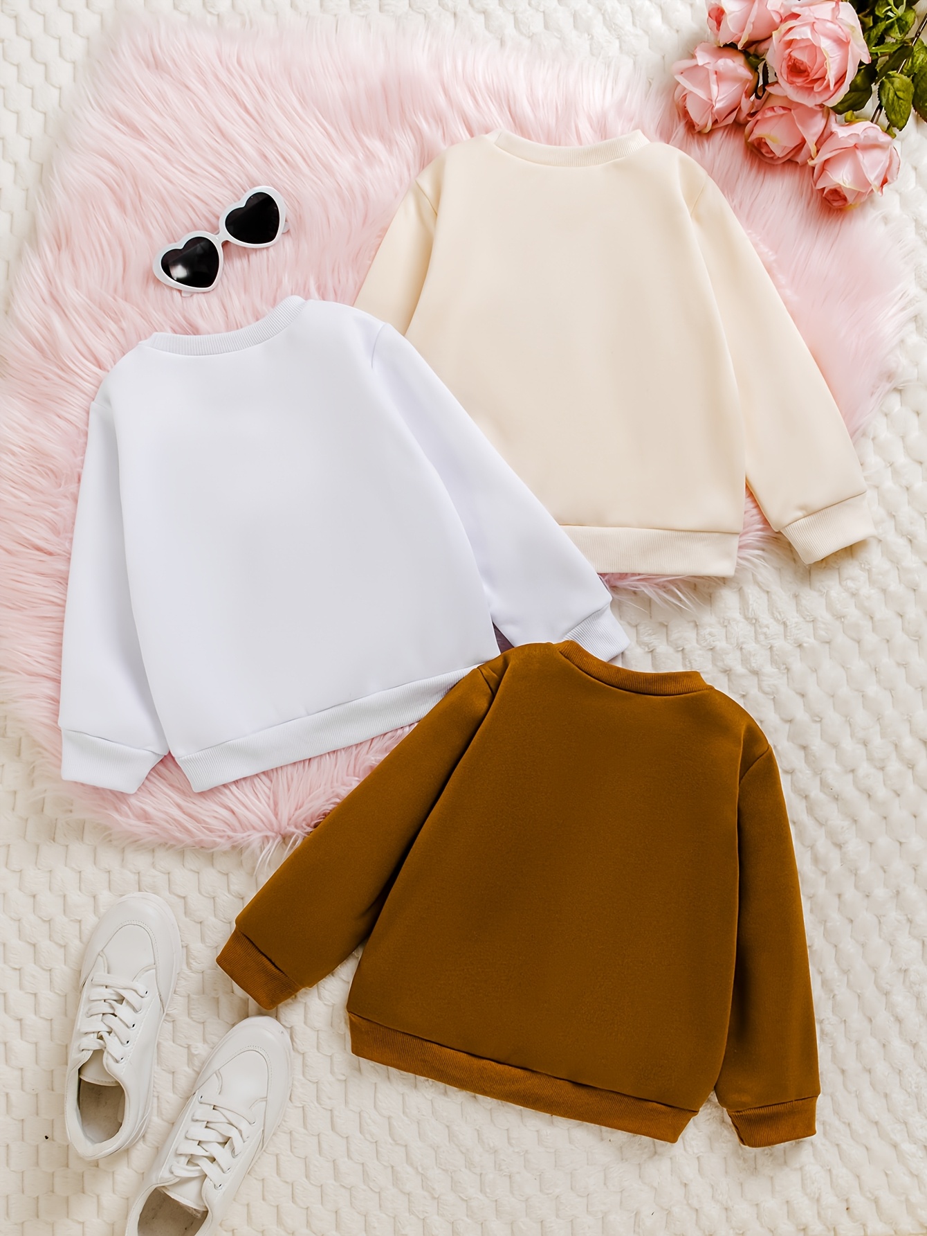 3 stuks 2J-7J Meisjes Casual Ronde Hals Lange Mouw Geborstelde Rib Sweatshirt met Hartjesprint