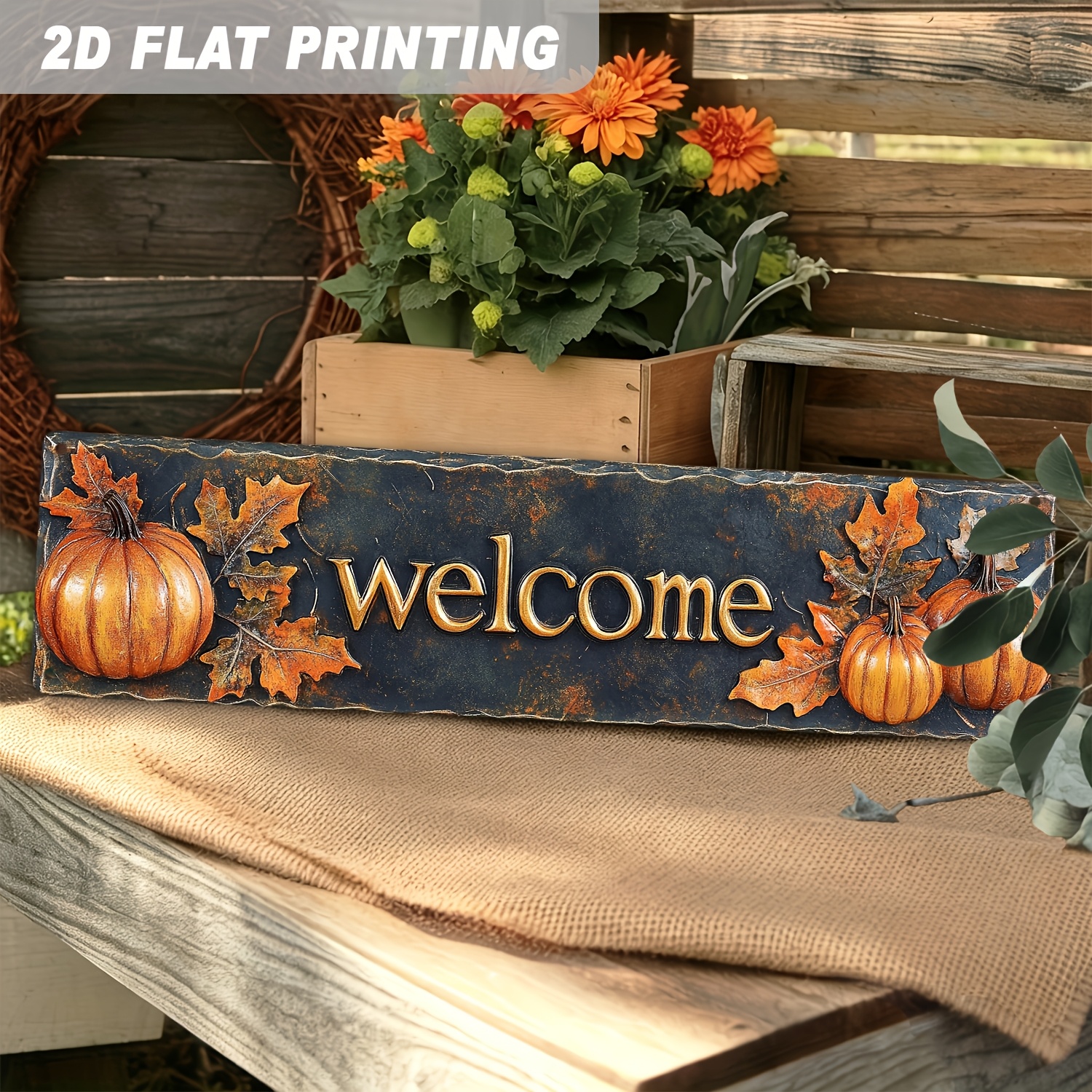 2d Flat, [2d Flat] 2d Flat 1pc, Welcome Metal Sign Autumn Pumpkin Fall Decor Wall Hanging Rustic Farmhouse Home Halloween Christmas Decorative Signs& Plaques 3.94x15.75 Inches, 2d Flat