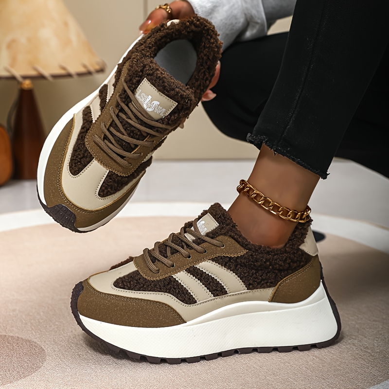 TEMU Sneakers, Women' S Winter Casual Sports Shoes, Plush Upper Splicing Wind Thick Sole With Plush Shoes, Thickened Temperature Locking, Cold Proof