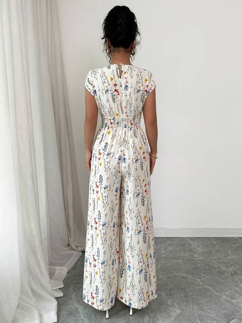item picture and for women featuring an elegant floral v neck jumpsuit with a cinched waist and button detail on the back