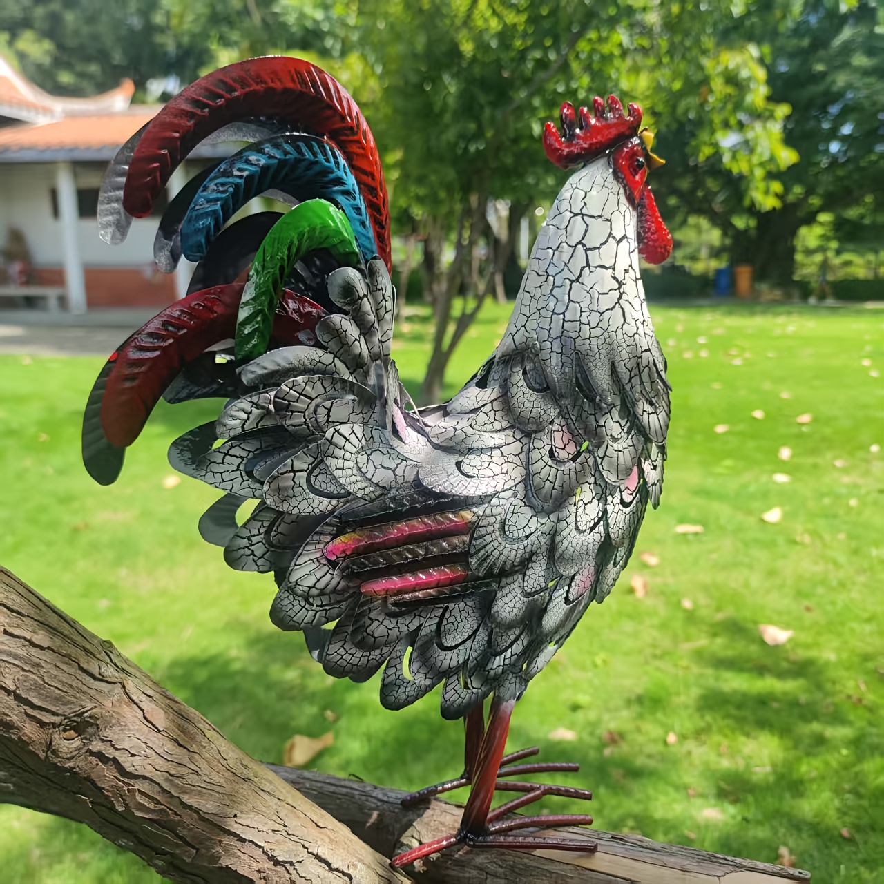 TEMU A Metal Black And Gray Cracked Rooster Sculpture Suitable For Lawn And Courtyard Living Room Courtyard Door Decoration Without Power Decoration
