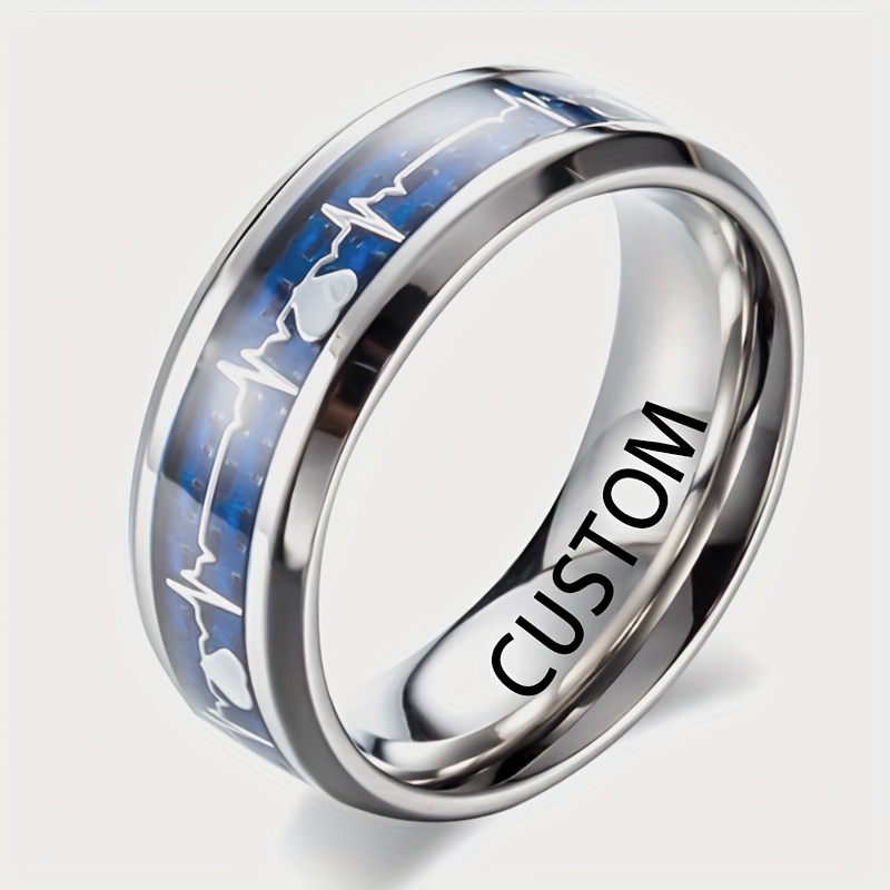 TEMU [customized] Laser Engraved Custom File Ring 8mm Wide Heartbeat Men And Women Single Ring Stainless Steel Carbon Fiber Design Ideal Engagement