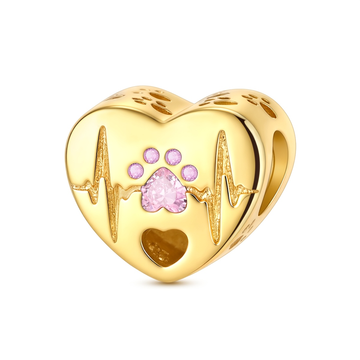 TEMU 1pc Silver Color Charms Beads For Women Color Plating Heartbeat Paw Print Charms Jewelry Gifts Box Packaging Fits Original Bracelet & Necklace