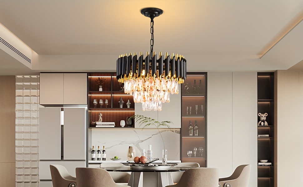 Elegant 3-Tier Black & Golden Crystal Chandelier - Modern Flush Mount Ceiling Light for Living Room, Dining, Bedroom - Adjustable, Easy Install, E12 Base (Bulb Not Included)