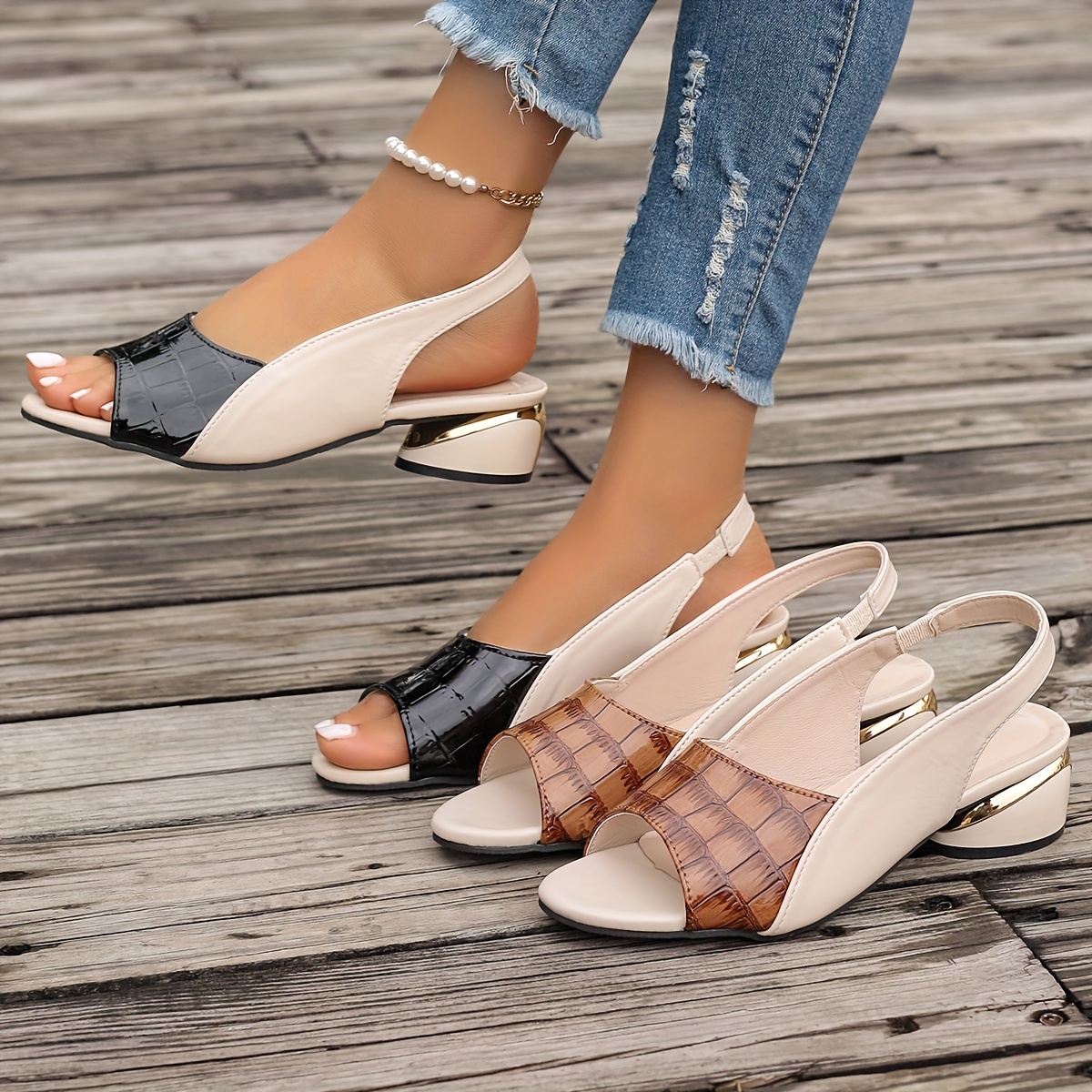 womens two tone elegant sandals with ankle cushioning checkered comfortable chunky heel casual open toe slip on shoes details 2