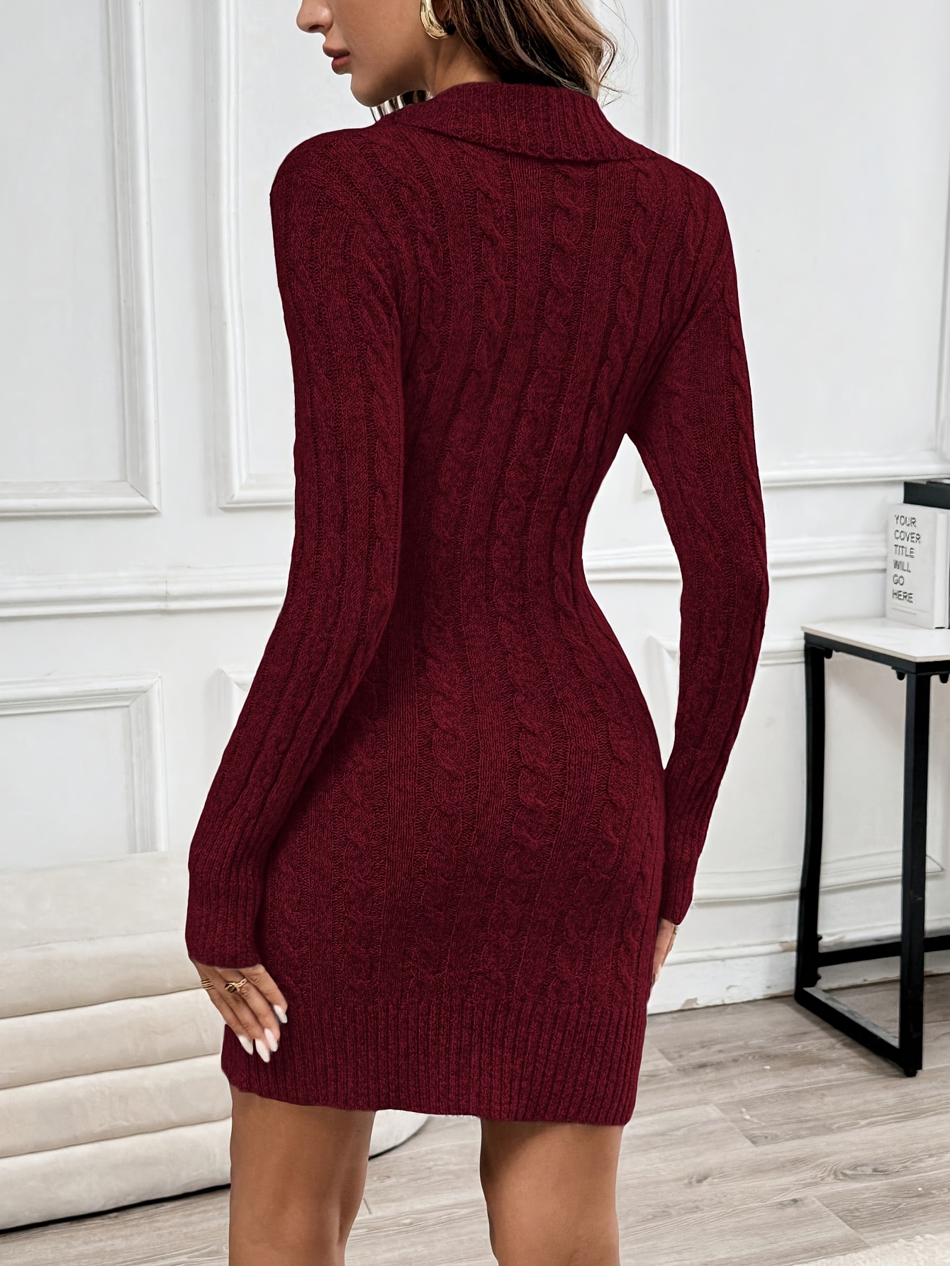 Christmas Women'S Elegant V-Neck Sweater Dress - Long Sleeve, Button Front, Solid Color, Bodycon Fit, Fall/Winter Collection, Casual to Formal Wear, Casual Attire, |Vneck Dress|Button Front Dress, Sweater Dress