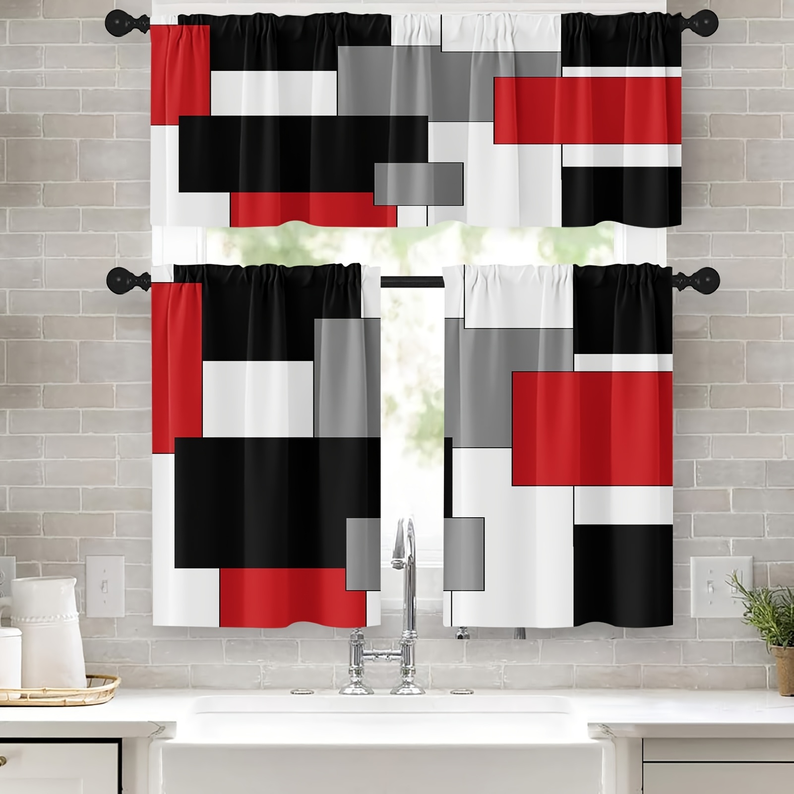 TEMU 3pcs Red Kitchen Window Curtains Valance And Tier Set 36 Inch, Black Grey Modern Rod Pocket Short Tier Curtain For Bathroom, Abstract Art Small Cafe Drapes For Kitchen Decor