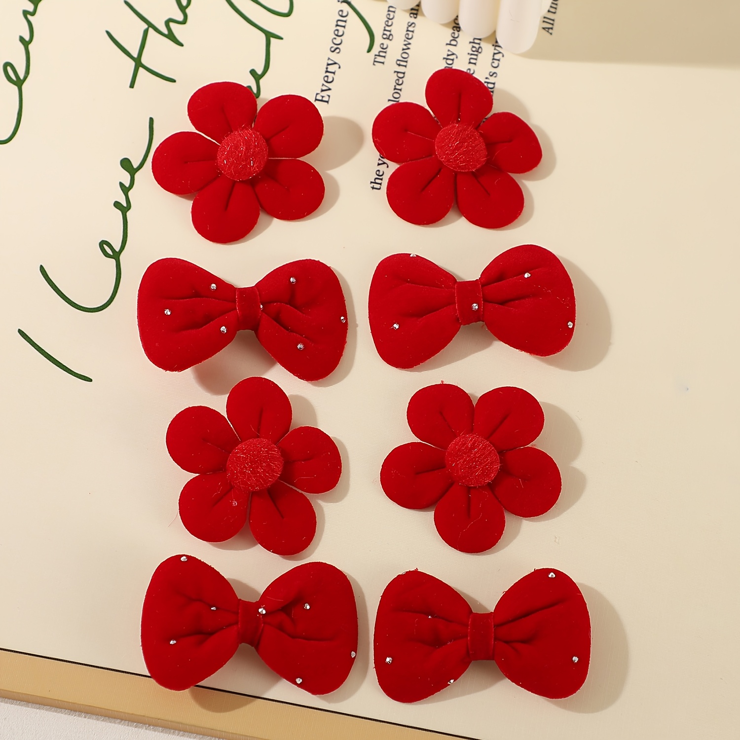 Image of 8pcs Velvet Rhinestone Bow Women's Hair Clips Suitable For Daily Life, Christmas And New Year Holiday Decoration Styling Hair Additions