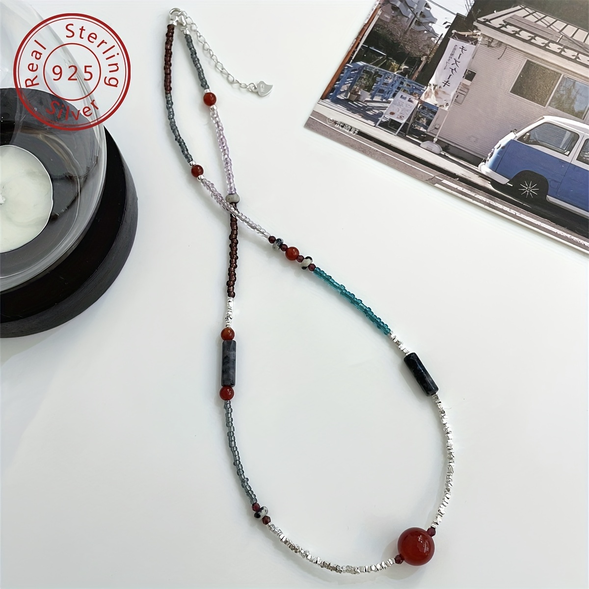 TEMU 925 Sterling Silvery Natural Stone Beaded Necklace, China-chic New Chinese Design Suitable For Women To Wear In Daily And Places, Festival Gift
