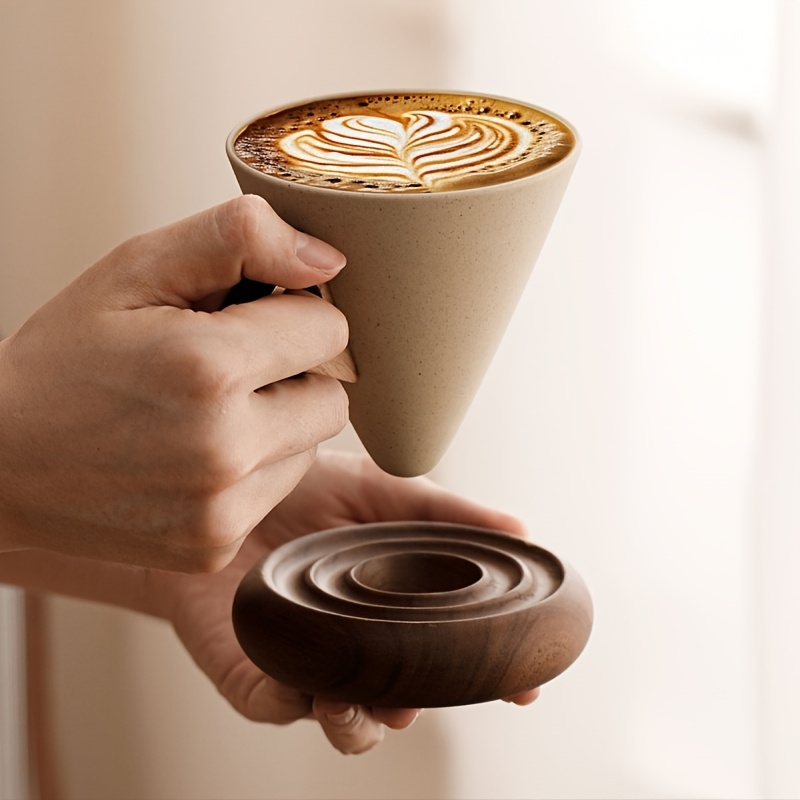 1 Thick Ceramic Handmade Coffee Cup with Wide Spout, Funnel Shape and Genuine Wooden Handle & Coaster Set for High-End Home Office Café Use - Ideal as a Present