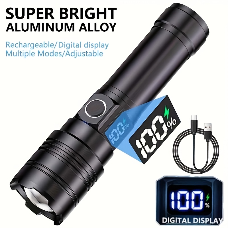 

1000lumen Aluminum Alloy Flashlight - Usb Rechargeable, Adjustable Focus, Power Bank Function With Digital Display, & Emergencies