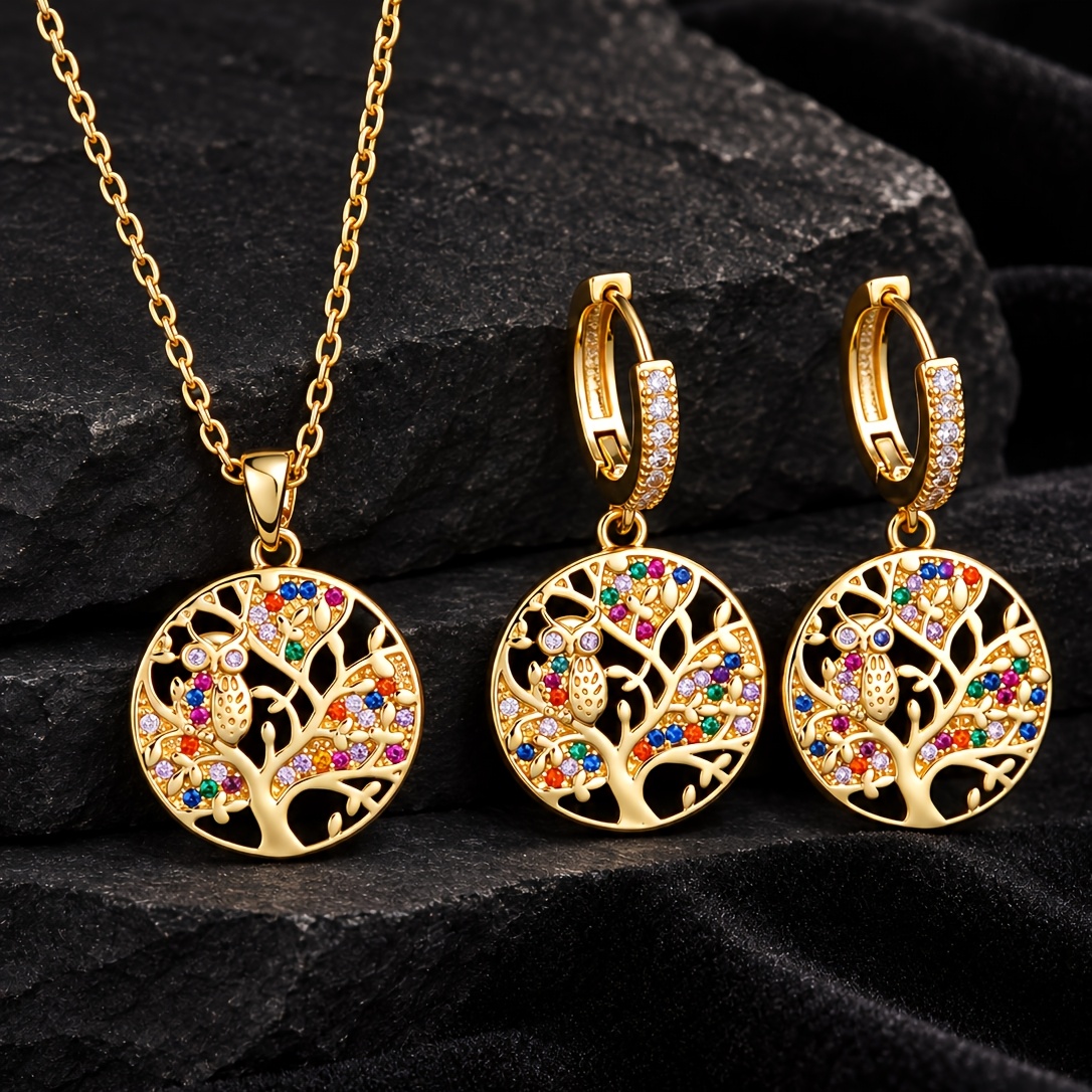 TEMU 3pcs Bohemian Style Tree Of Life Round Hollow Out Earrings Pendant Stainless Steel Necklace, Women's Jewelry Set