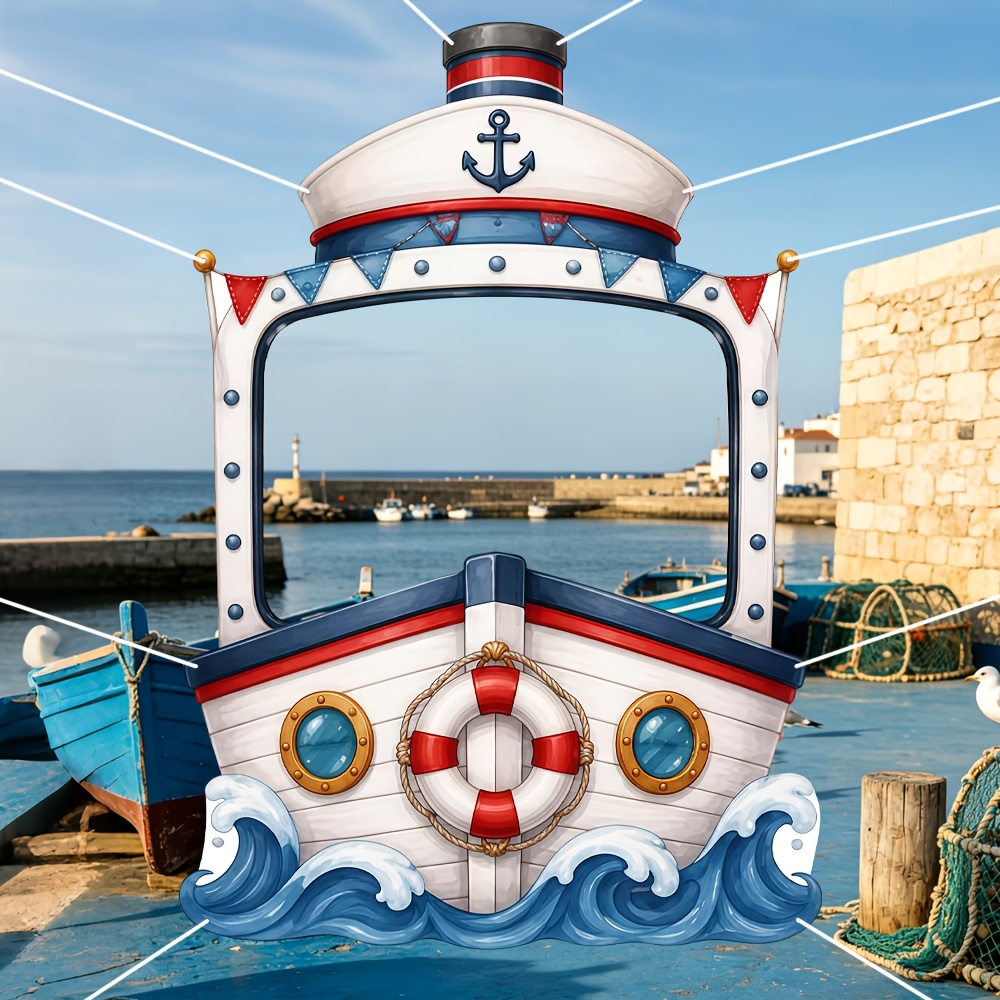 TEMU 2d Flat, 1pc, 2d Banner, Cartoon Ship Sailing Themed Cut-out Backdrop, Featuring Lifebuoys, Colorful Flags, And Wave Patterns, For Ocean And