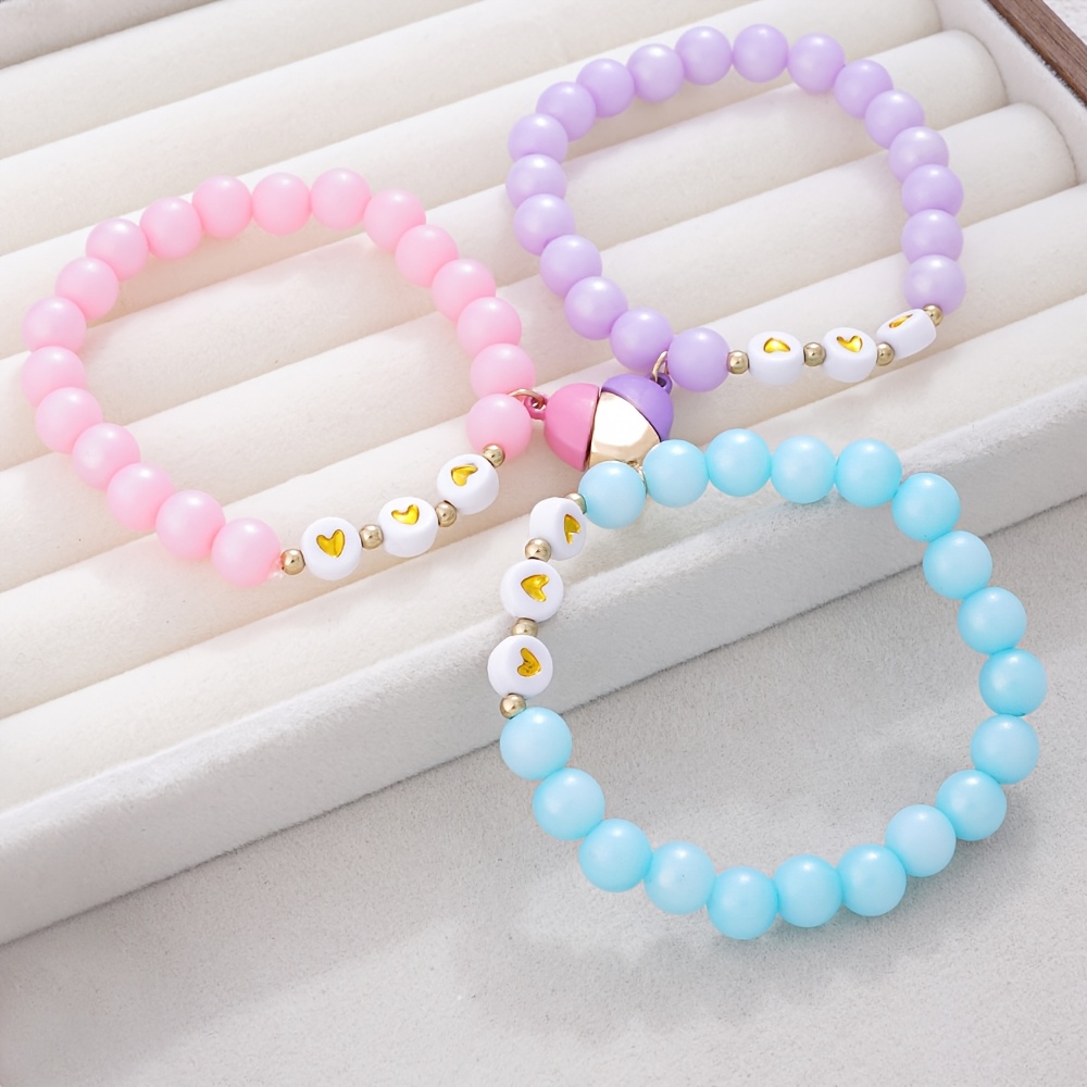 TEMU 3pcs Qpeach Girls' Beaded Heart Bracelets - Multicolor Elastic Stretch Friendship Bracelet Suitable For Parties, Birthdays, Music Festivals,