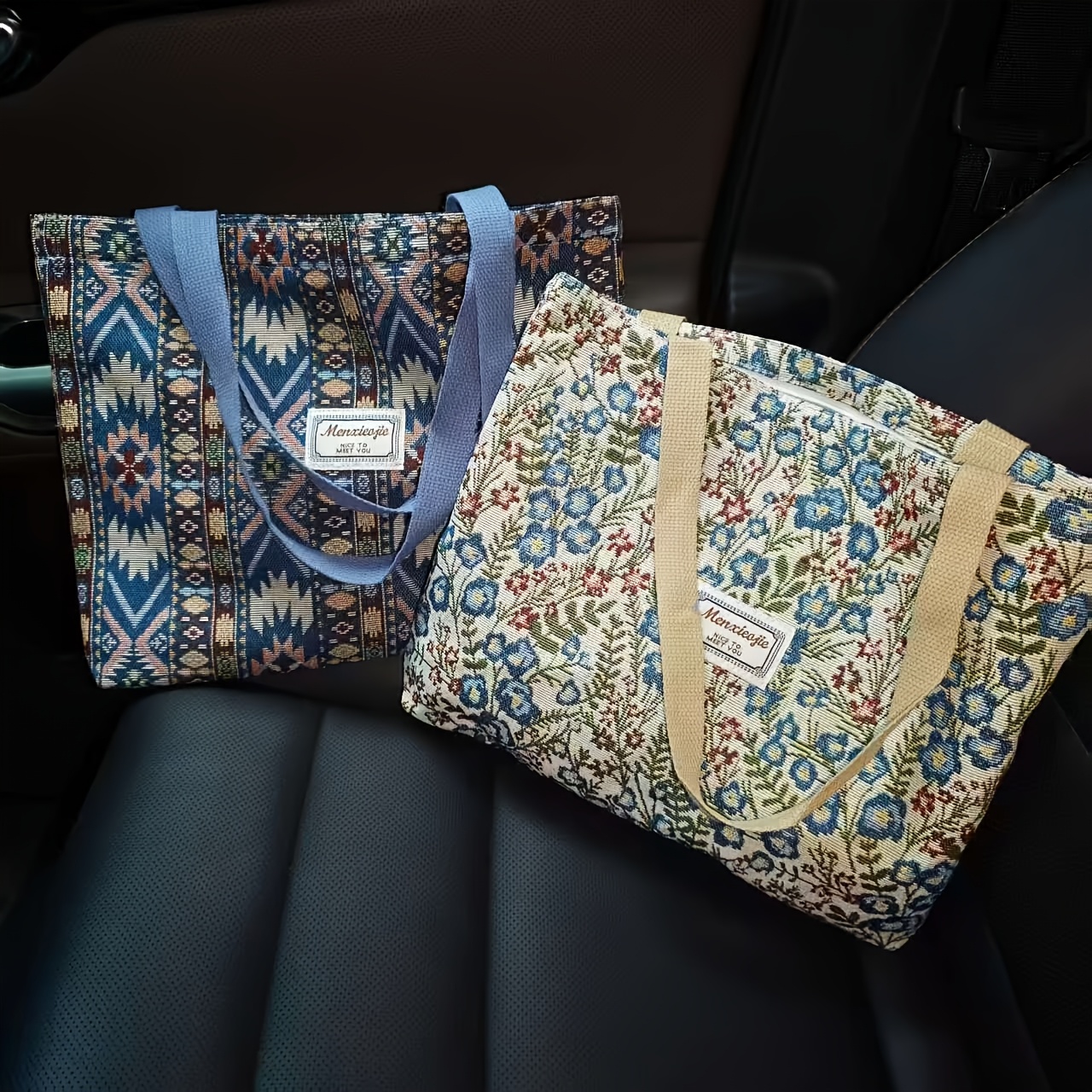 TEMU Women's Large Capacity Ethnic Style Tote Bag 2pcs, Suitable For Travel And Daily Use, Zipper Closure Handbag With Spacious Interior, Fabric