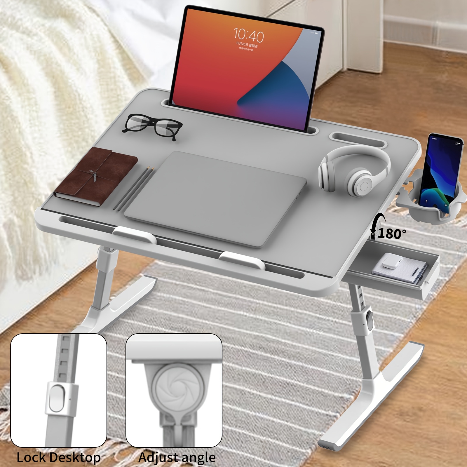 Multifunctional Folding Storage Table, Height Adjustable, 0-180 Degree Tabletop Tiltable, Bedroom Bed Laptop Table, Study Table, With Card Slot + Anti-slip Strip + Drawer + Multifunctional Cup Holder
