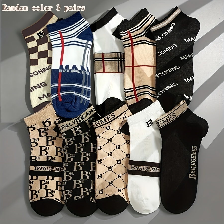 TEMU Lot de 3 paires de chaussettes de sport style aléatoire, style luxe léger à imprimé lettres, chaussettes courtes pour homme et femme, fines,