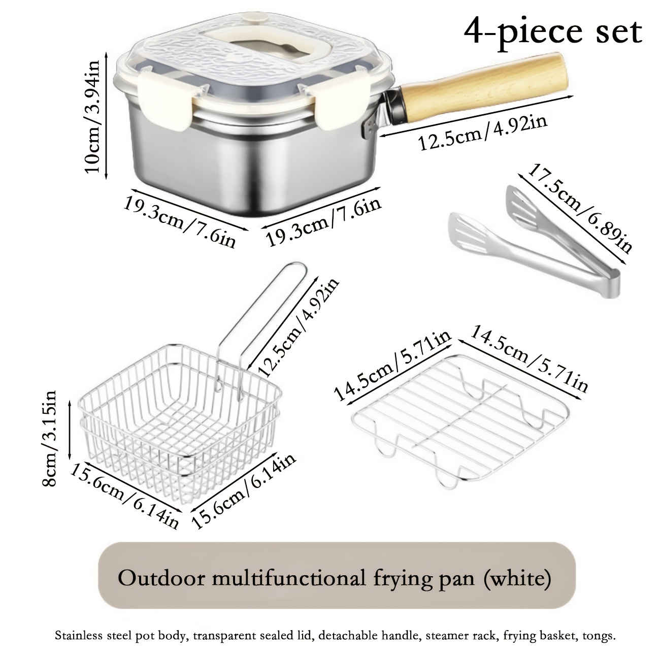 TEMU A 4pcs Multifunctional Stainless Steel Fryer With Design, Wooden Handle, Suitable For Frying, Steaming Buns, Making Soup, And Food Storage