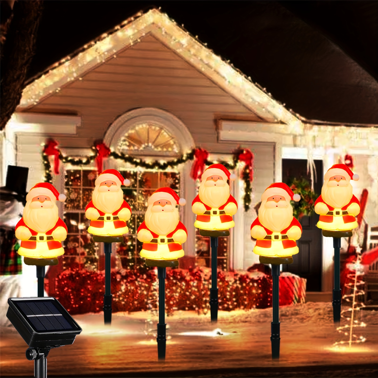 

Solar-powered Santa Claus Path Lights Set Of 6, Plastic Led Garden Stakes, Energy- & Ip65 Waterproof, Push Button Control, Semi Flush Mount With Non-detachable Fixture, Outdoor Christmas Decor.