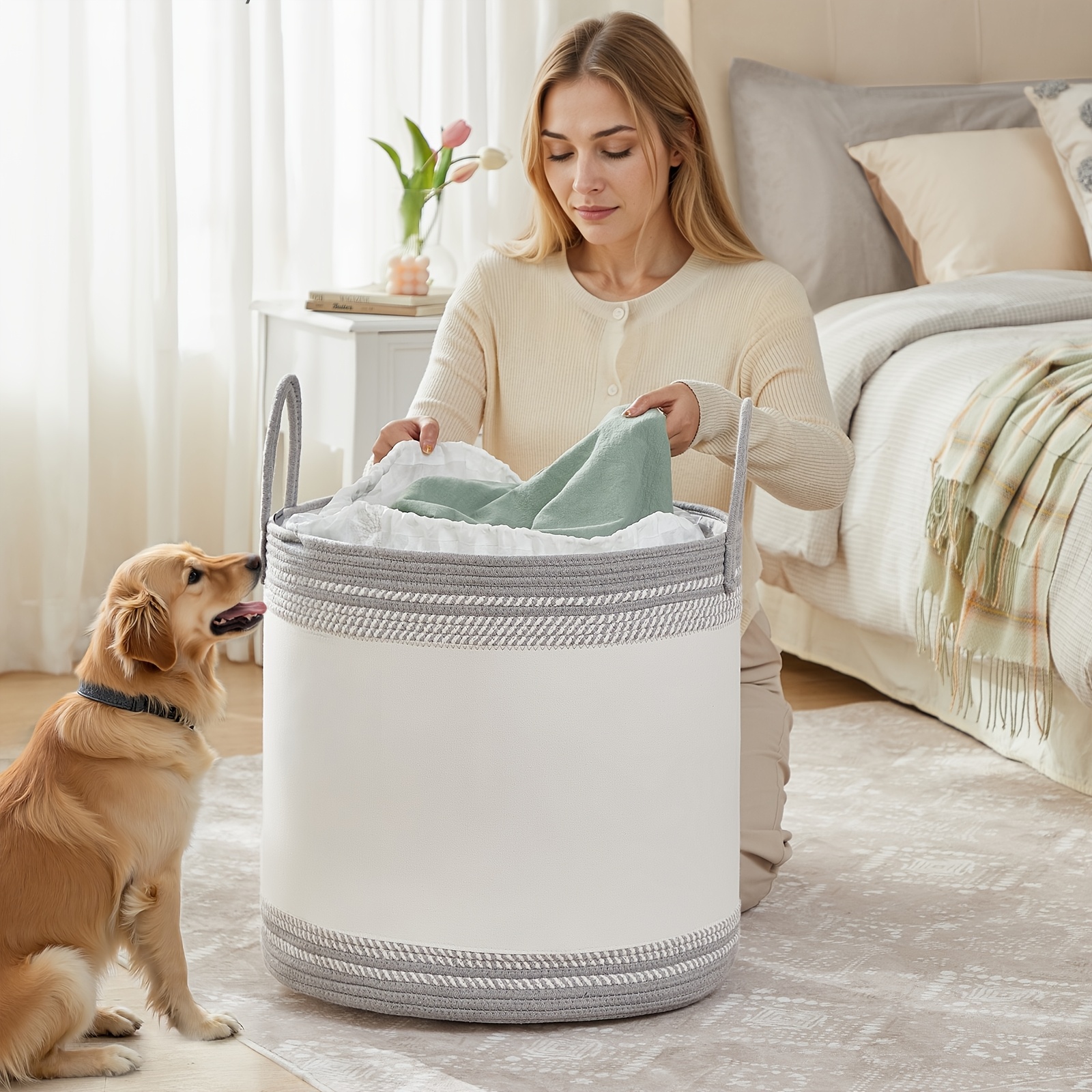 Laundry Basket, Laundry Collector, Storage Basket, Rope, With Handle, For Blankets, Clothes Storage, Bedroom, Laundry Room, 90l, - Grey/-camel Brown 50x50x46cm, Laundry Baskets