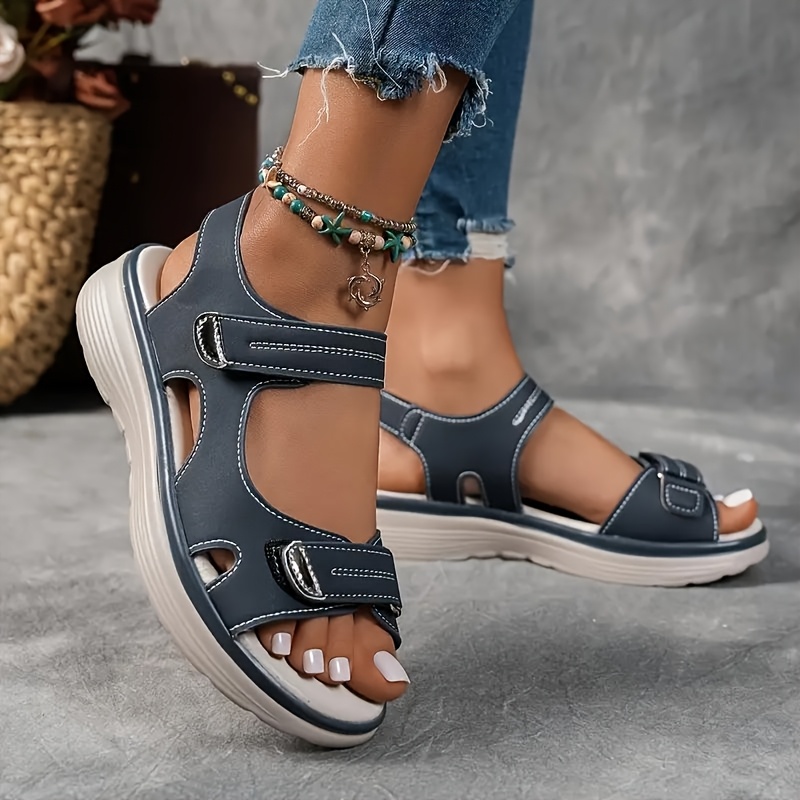 Women's Sandals Black, High-Quality PU Material with Adjustable Strap, Comfortable Thick Sole Summer Vacation Style, Beige/Black/Navy Beach Wear | Durable Synthetic Cover Shoes