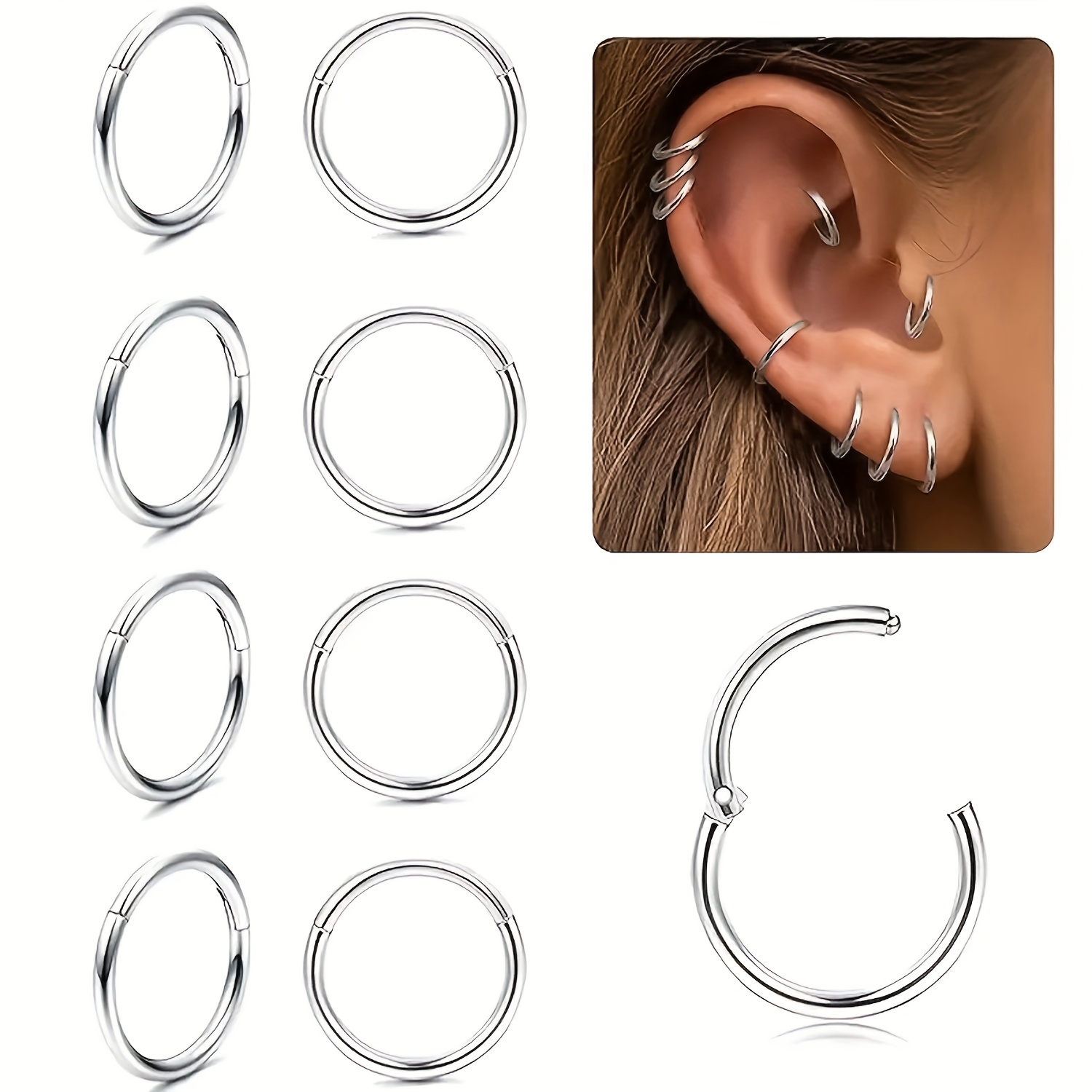 E-shop 8-teiliges Set 316L Edelstahl Hypoallergene Ohrknorpel, Helix, Rook, Septum, Lippe, Knorpel Piercing Einziehbarer Ringe - Größen 8mm/10mm,