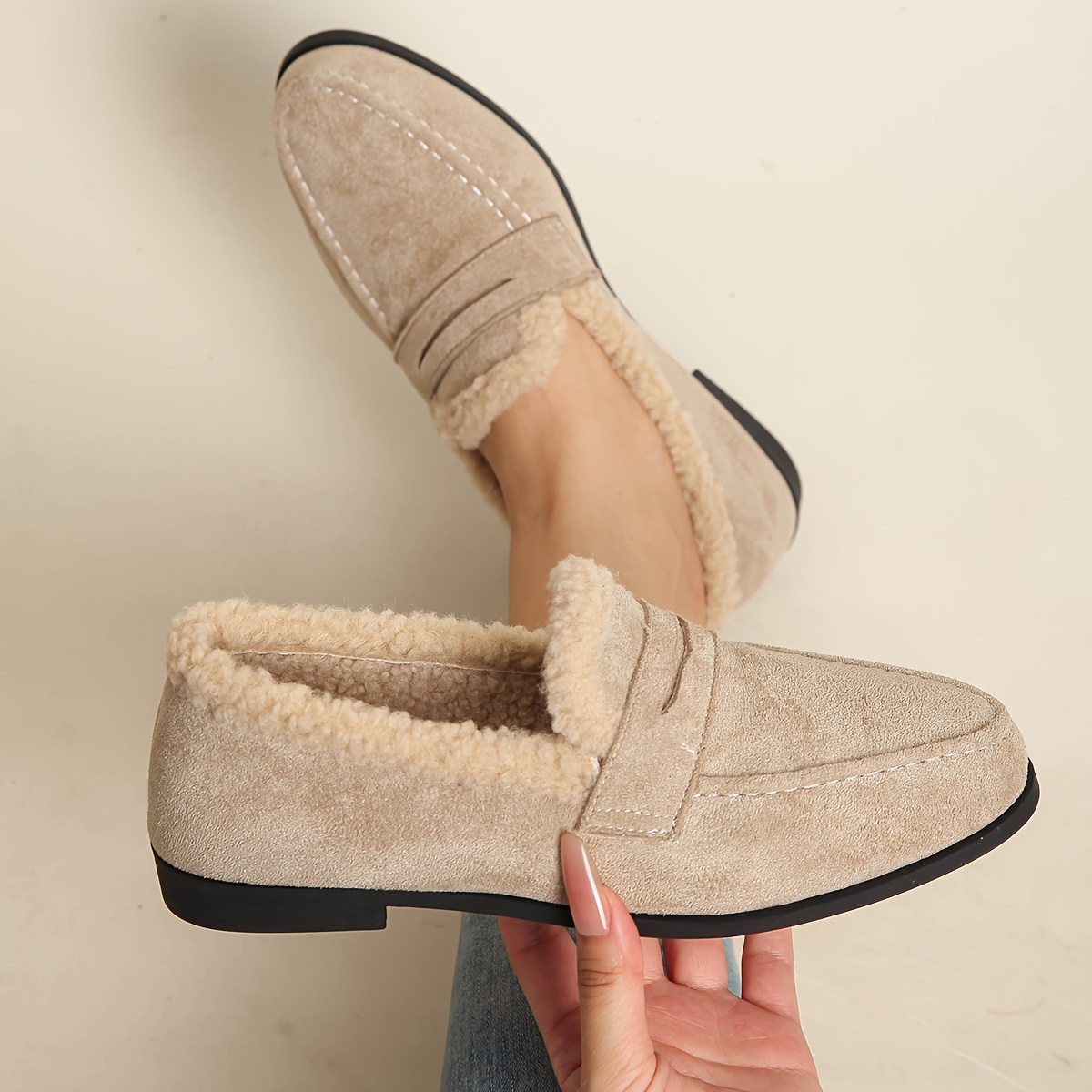 TEMU Women's Loafers, New Autumn/winter Collection, Fashionable And Versatile Shoes With Round Toe, Casual Plush-lined Warm Footwear, Simple Low Heel