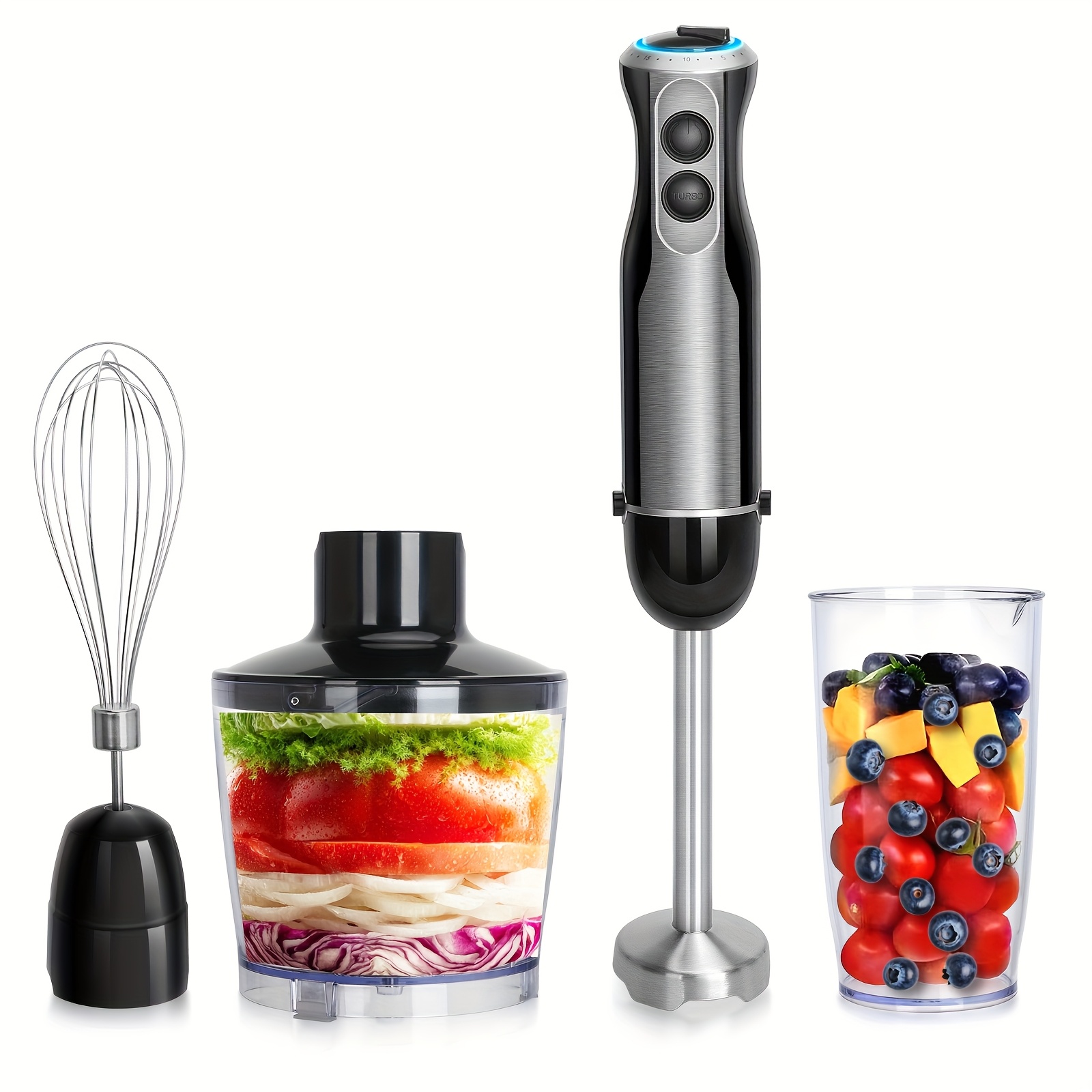 E-shop 1500W 4-in-1 Stabmixer mit 20-stufig einstellbaren Geschwindigkeiten Turbomodus, elektrisches Stabmixer-Set inklusive Edelstahlmesser,