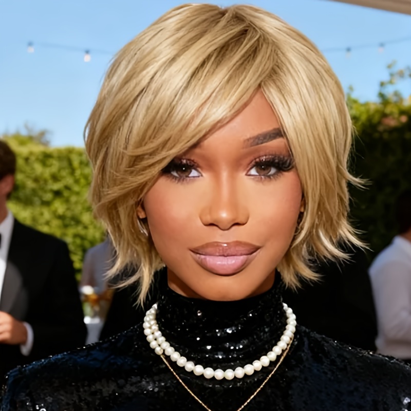 TEMU Bangs Short Hair Wig Golden Wigs For Women 8 Inches Synthetic Wig Straight Cosplay Wigs Wigs For Girls Hoilday Daily Party Use