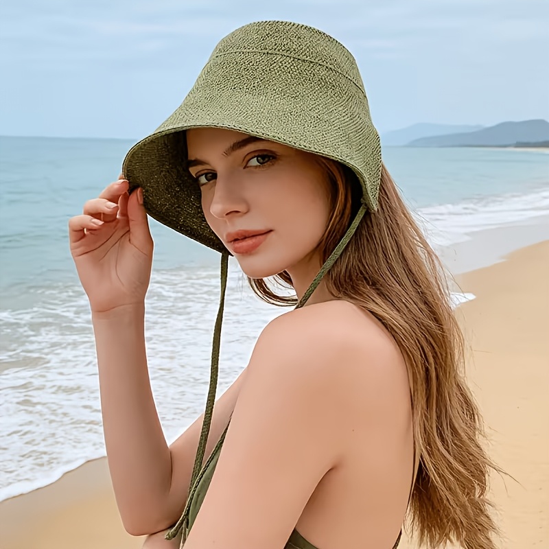   spring and summer straw sun hat womens summer tie bucket hat outdoor travel sun hat