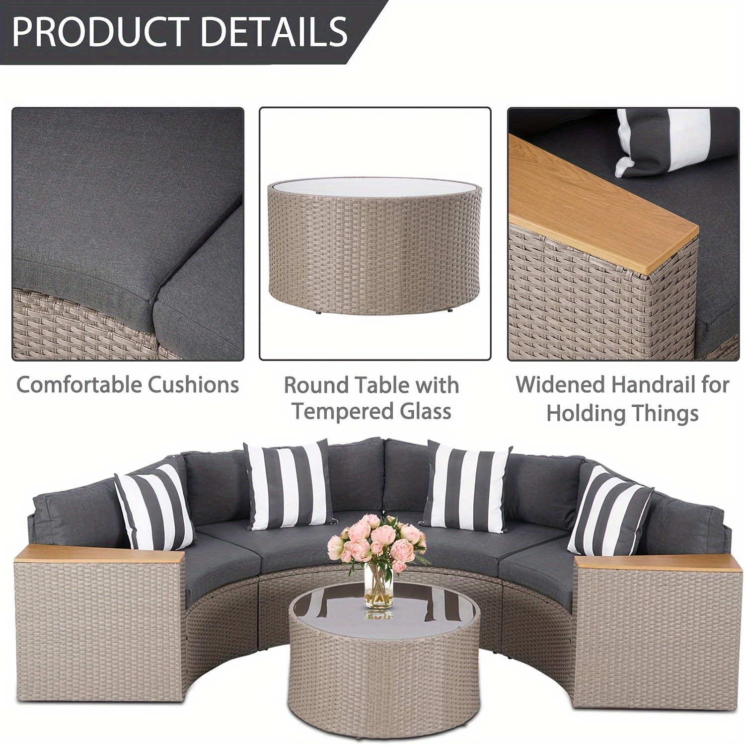 Outdoor Half Moon Patio Furniture 5pcs Curved Outdoor Sofa, All-Weather Outdoor Sectional Furniture Patio Conversation Sets with Round Tempered Glass Top Table with Cushion