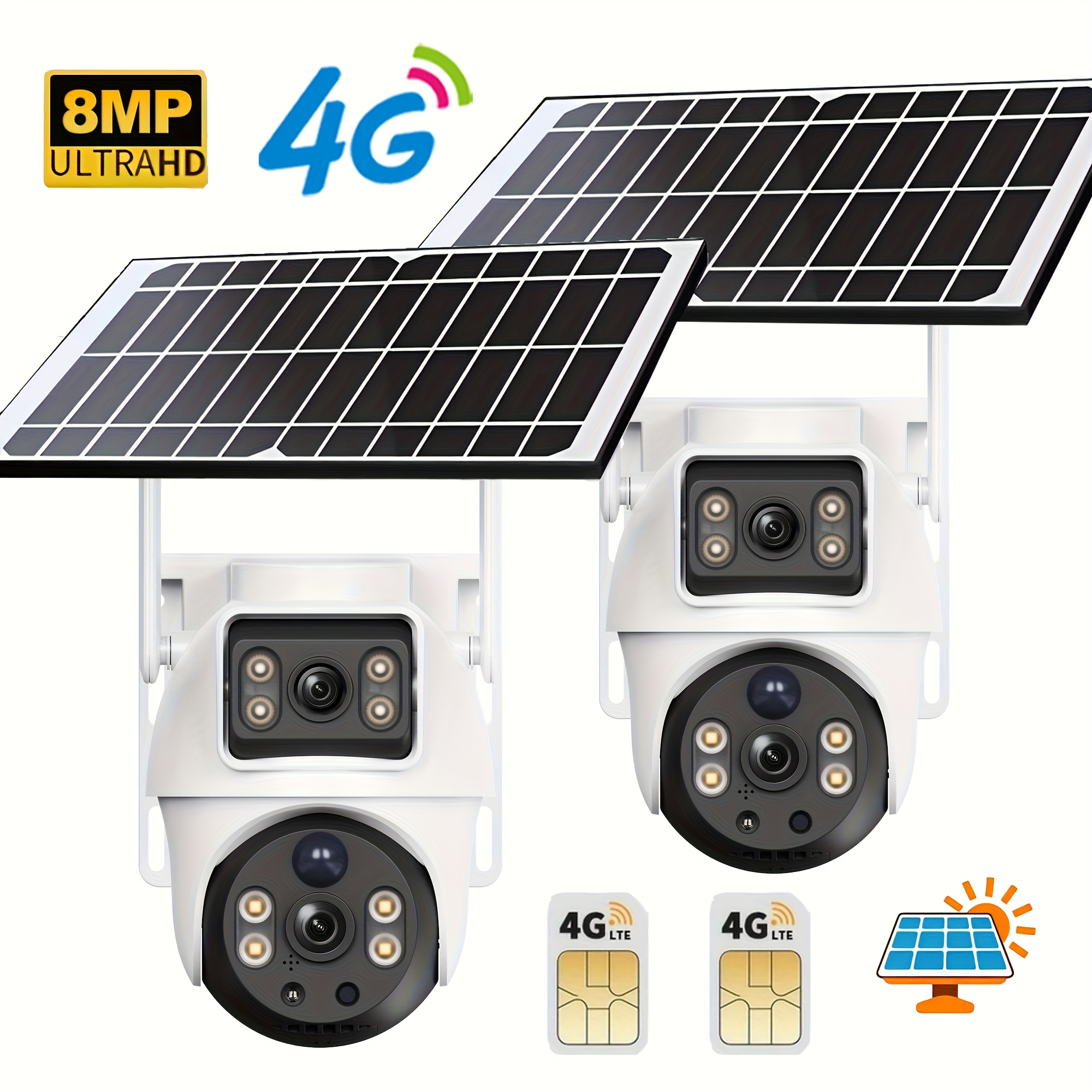 2pcs-8mp 4g Solar Security Camera [no Wifi Connection] With Dual Lens And Screen, 360° Ptz, Ai Humanoid Detection, Motion Tracking, Intelligent Alarm, Night Vision, Infrared, User , Audio, Long