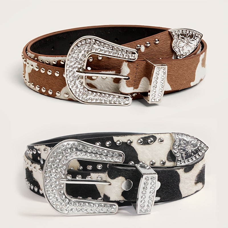 

1pc Cow Print Rivet Belt With , Punk Punk Fashion Accessory, Suitable For 65-96cm Waist, For Weddings, Parties, Beach, Casual And Sports