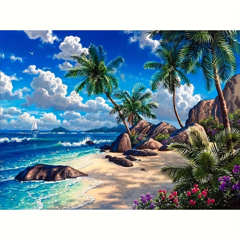 

Sparkling Beach Scene Diy 5d Diamond Painting Kit - Full Round Drill Embroidery, Intricate Design, Frameless Wall Art For Home & Office Decor - Handcrafted Large 12"x16