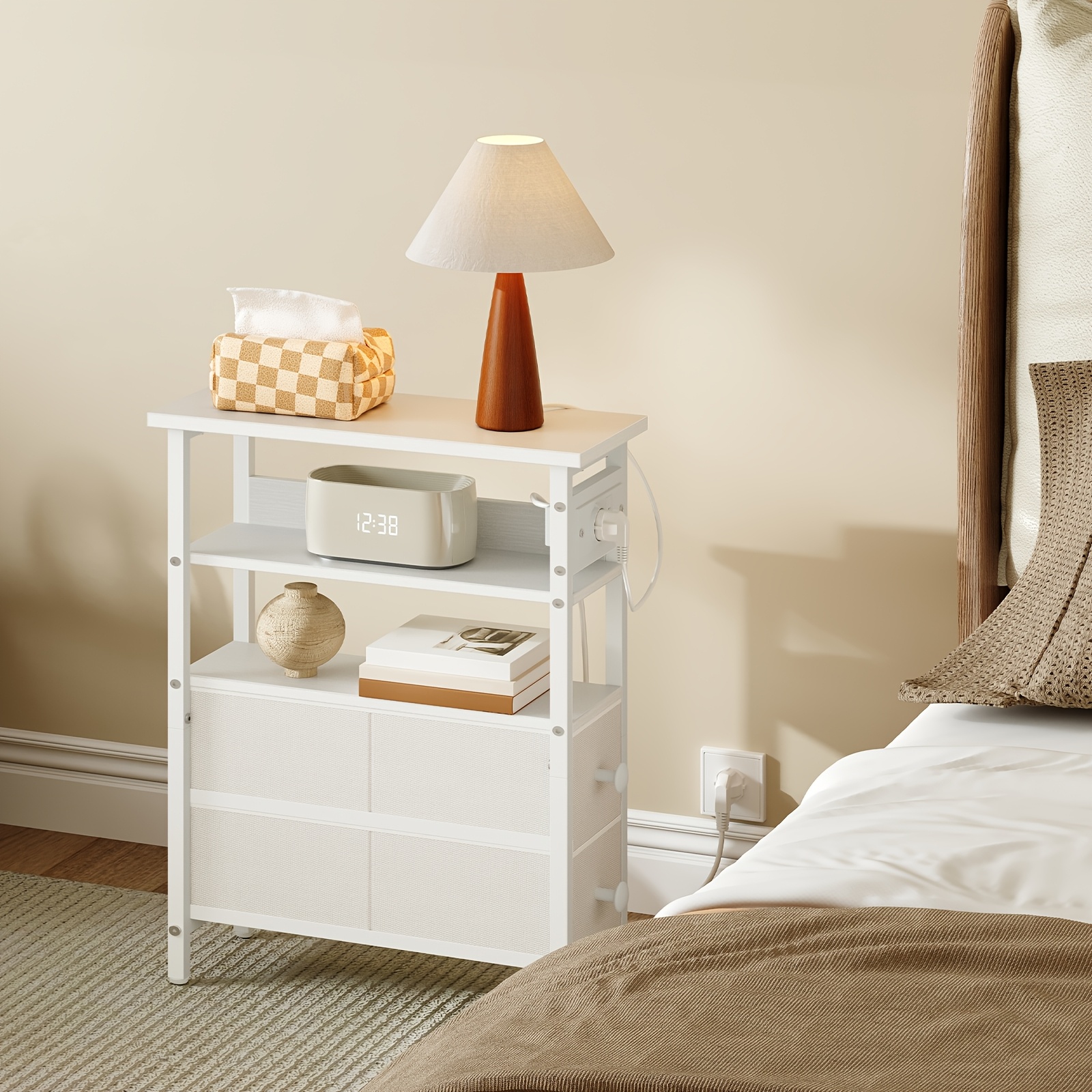 Image of Table With Charging Station, Side Table With 2 Drawers, Sofa With Outlets And Usb Ports, Suitable For Small Rooms, Bedrooms, Living Rooms, White